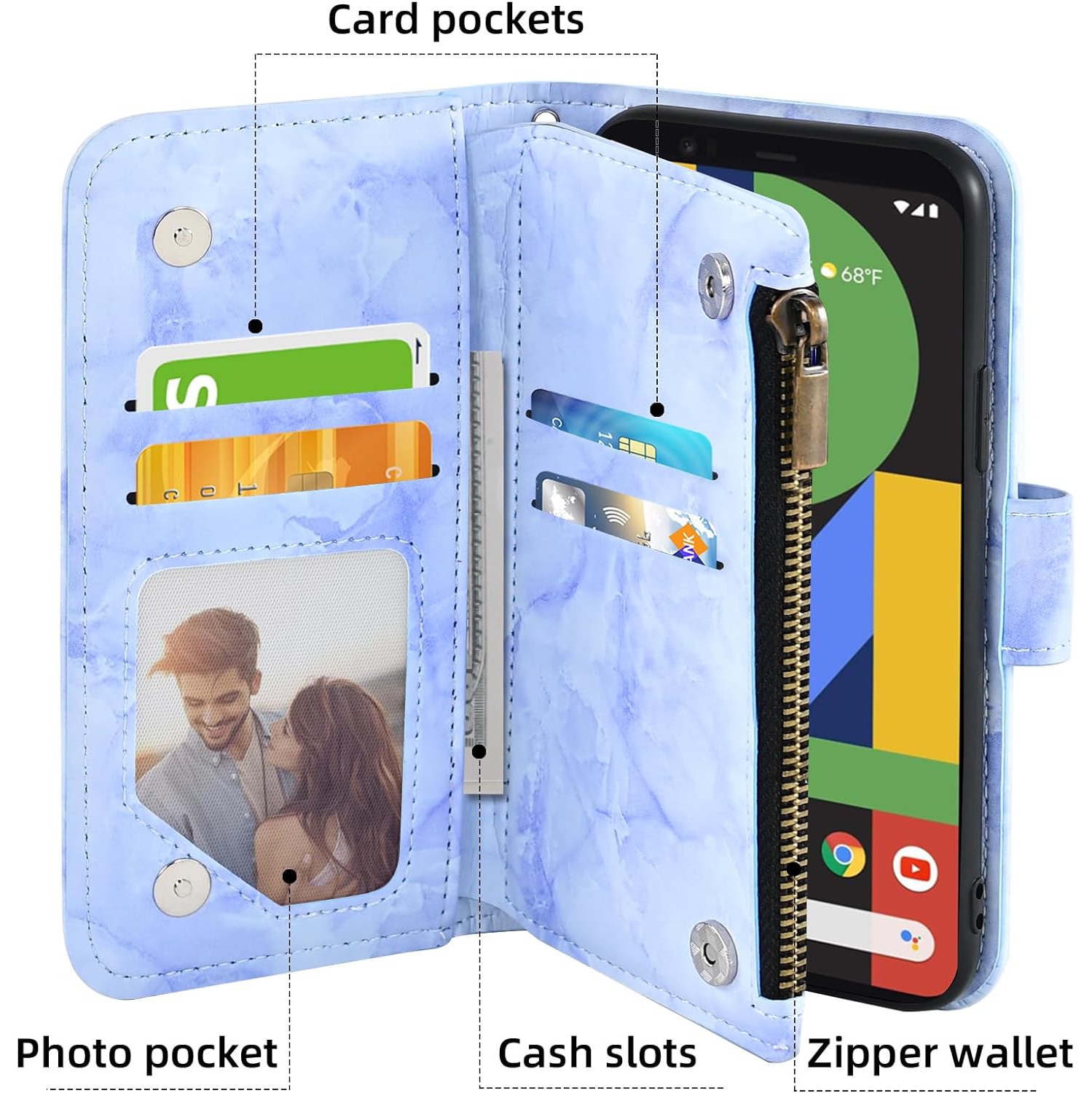 Phone Case for Google Pixel 4 XL Wallet Cell Cover with Tempered Glass Screen Protector and Marble Leather Flip