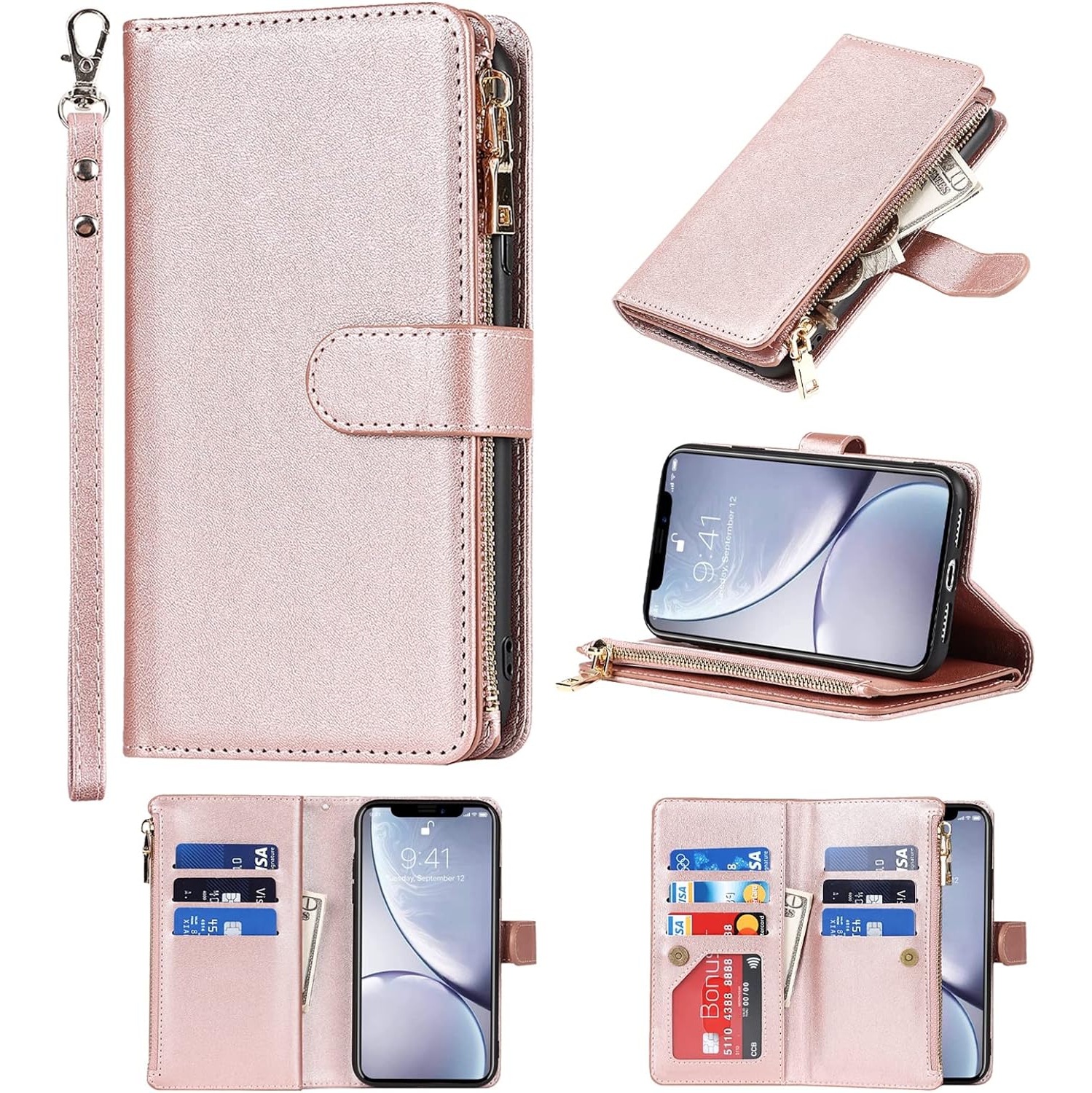 Wallet Case Compatible with iPhone XR Case,[9 Card Slots] [Wrist Strap] [Stand Feature] Zipper Cash Pocket