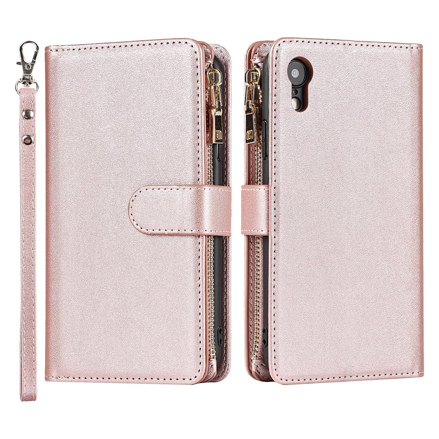 Wallet Case Compatible with iPhone XR Case,[9 Card Slots] [Wrist Strap] [Stand Feature] Zipper Cash Pocket