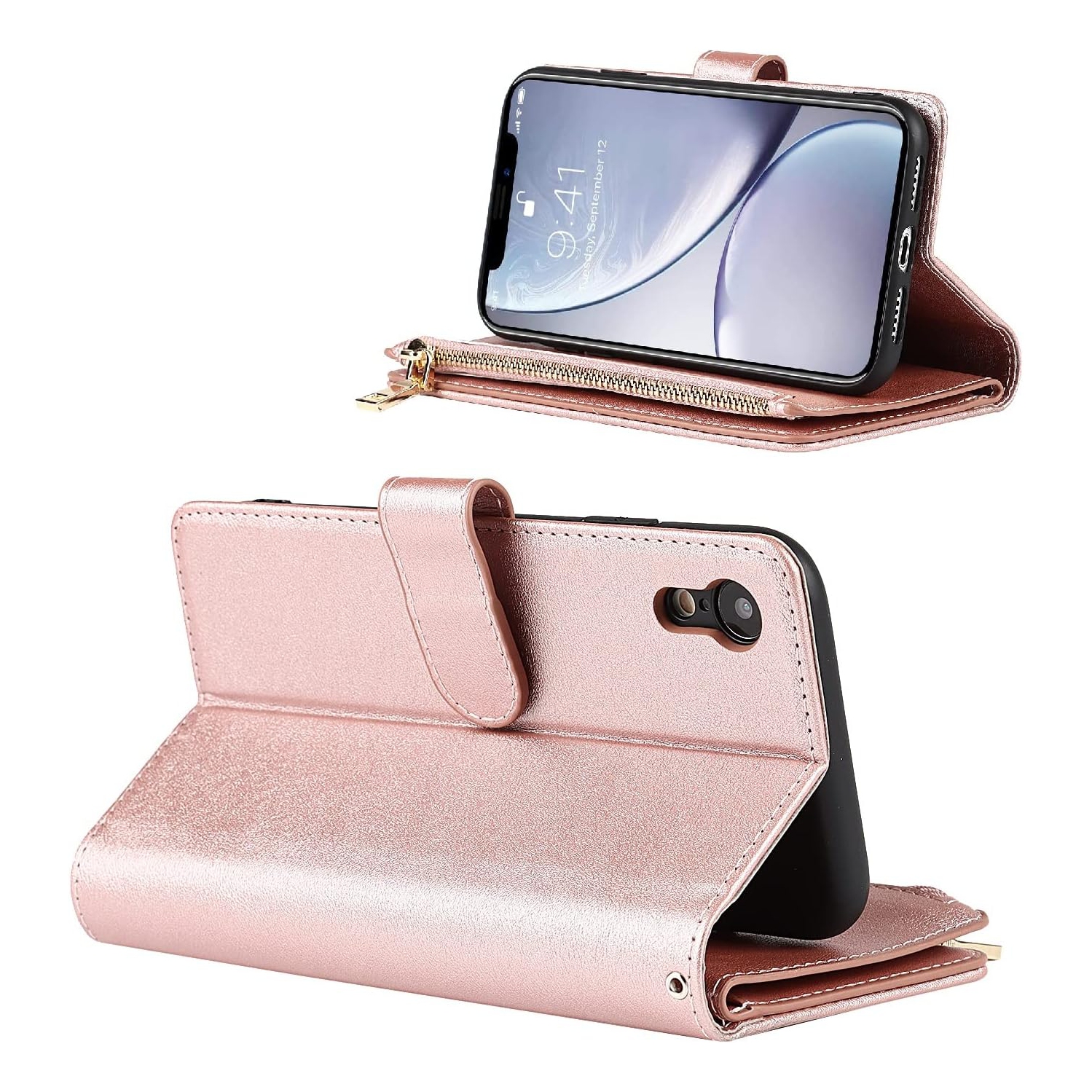 Wallet Case Compatible with iPhone XR Case,[9 Card Slots] [Wrist Strap] [Stand Feature] Zipper Cash Pocket