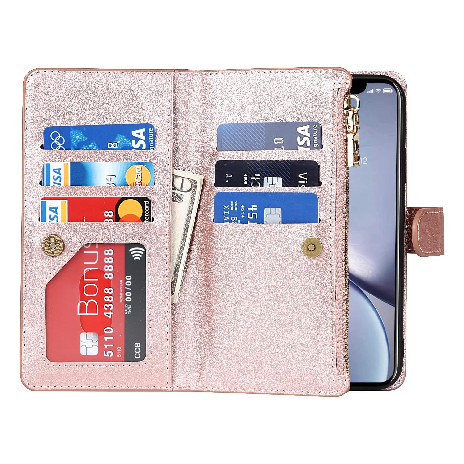 Wallet Case Compatible with iPhone XR Case,[9 Card Slots] [Wrist Strap] [Stand Feature] Zipper Cash Pocket