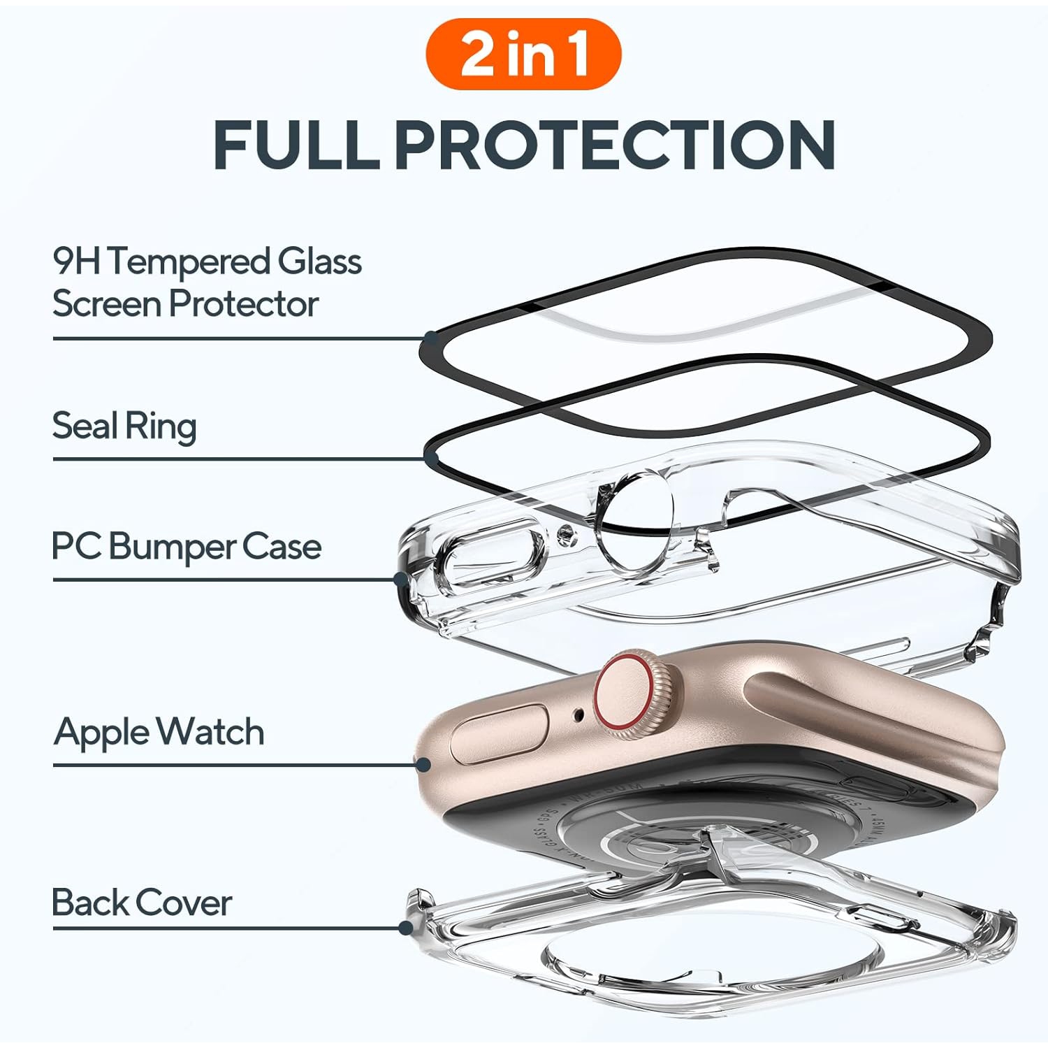 Paquet de 2 étuis étanches 2-en-1 pour Apple Watch Series 8 7 45&nbsp;mm, pare-chocs avant et arrière à bord droit en PC avec verre trempé