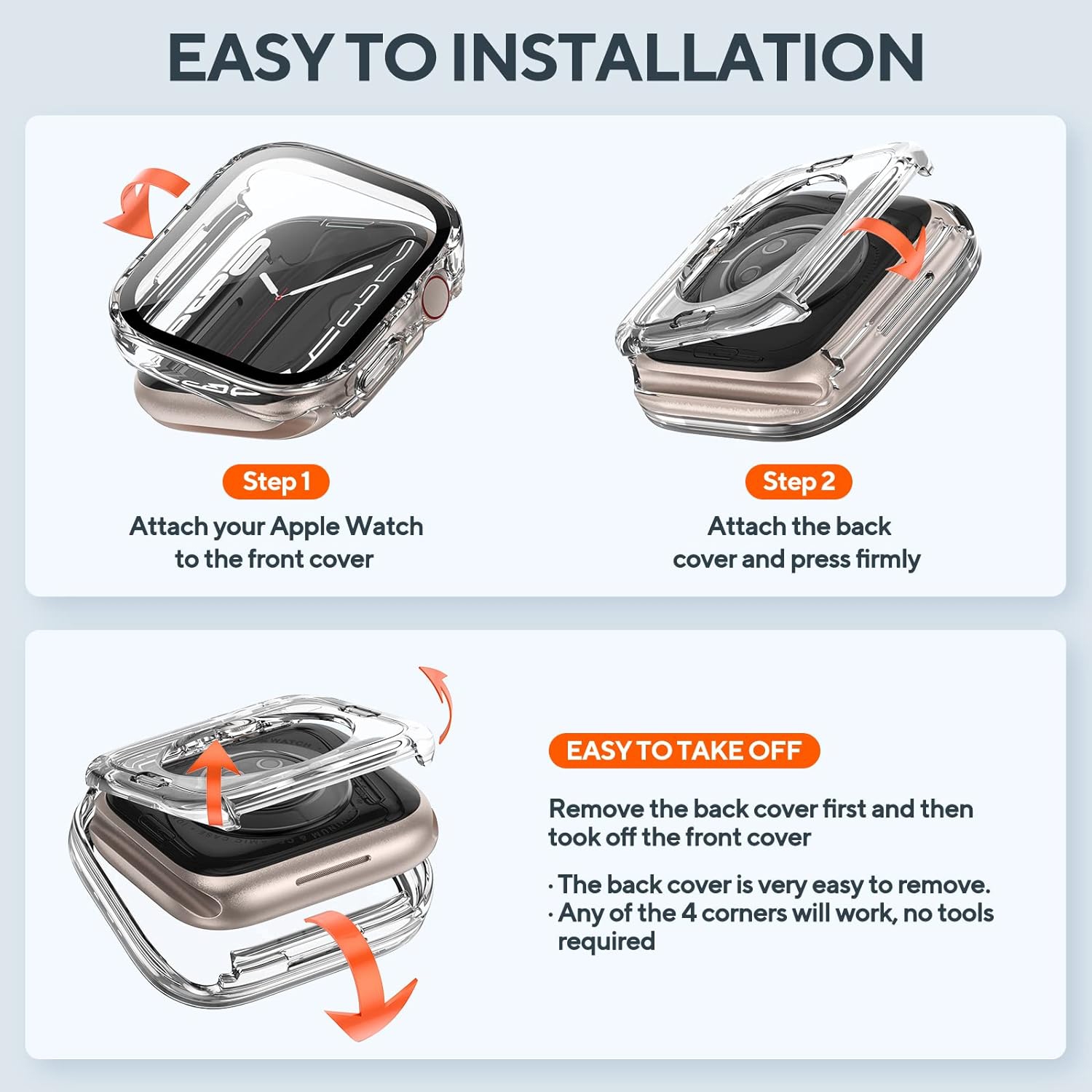 Paquet de 2 étuis étanches 2-en-1 pour Apple Watch Series 8 7 45&nbsp;mm, pare-chocs avant et arrière à bord droit en PC avec verre trempé