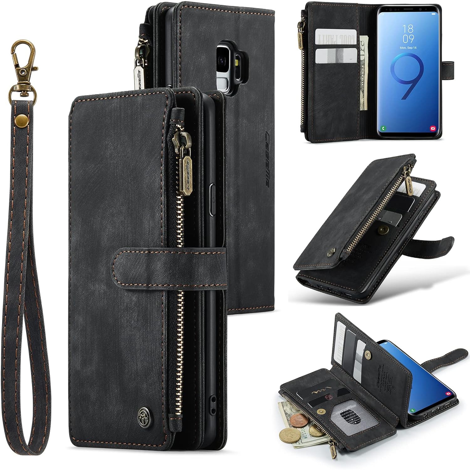 UEEBAI Wallet Case for Samsung Galaxy S9, Premium Handmade PU Leather Phone Case Card Slots Magnetic Closure Zipper