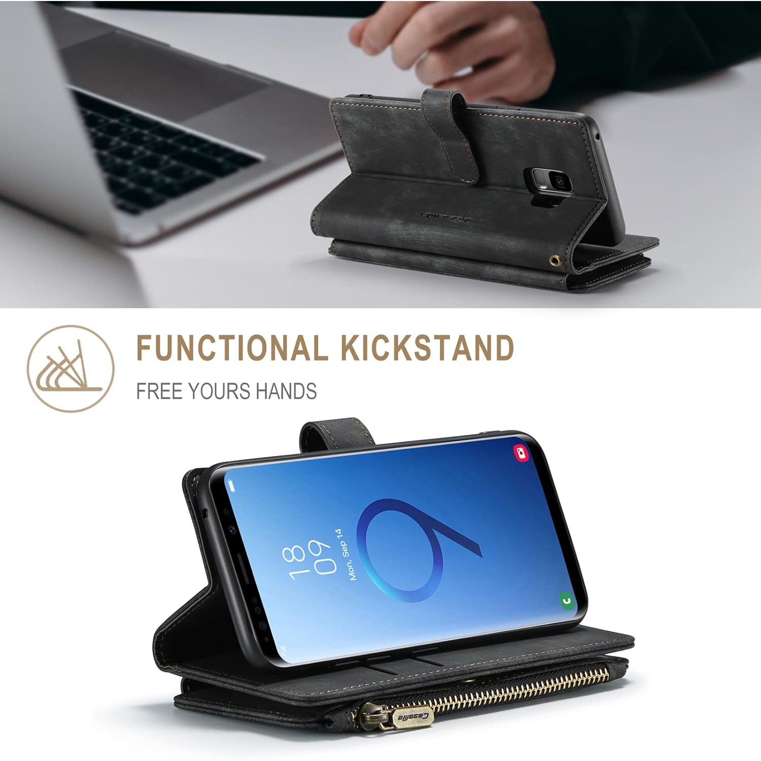 UEEBAI Wallet Case for Samsung Galaxy S9, Premium Handmade PU Leather Phone Case Card Slots Magnetic Closure Zipper