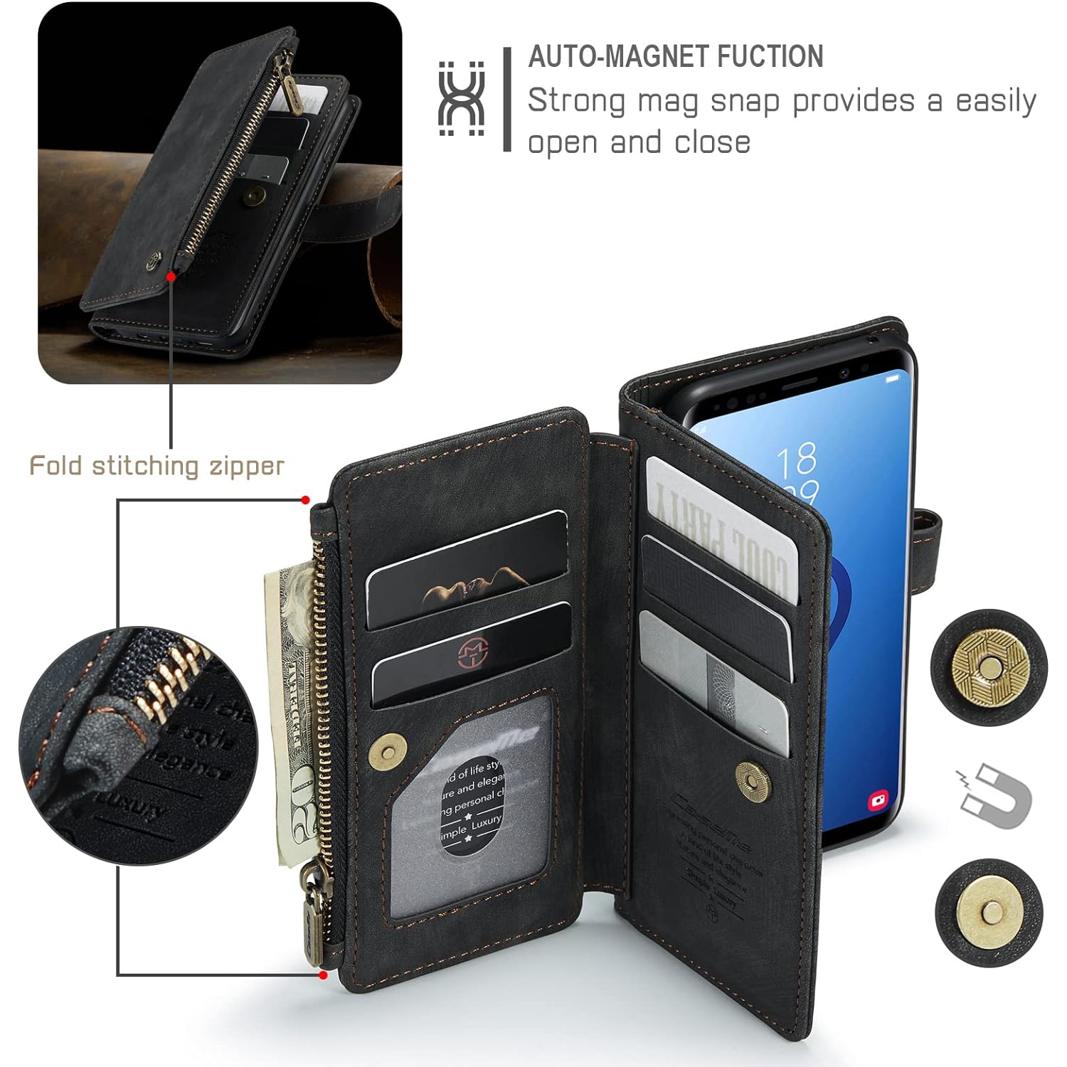 UEEBAI Wallet Case for Samsung Galaxy S9, Premium Handmade PU Leather Phone Case Card Slots Magnetic Closure Zipper