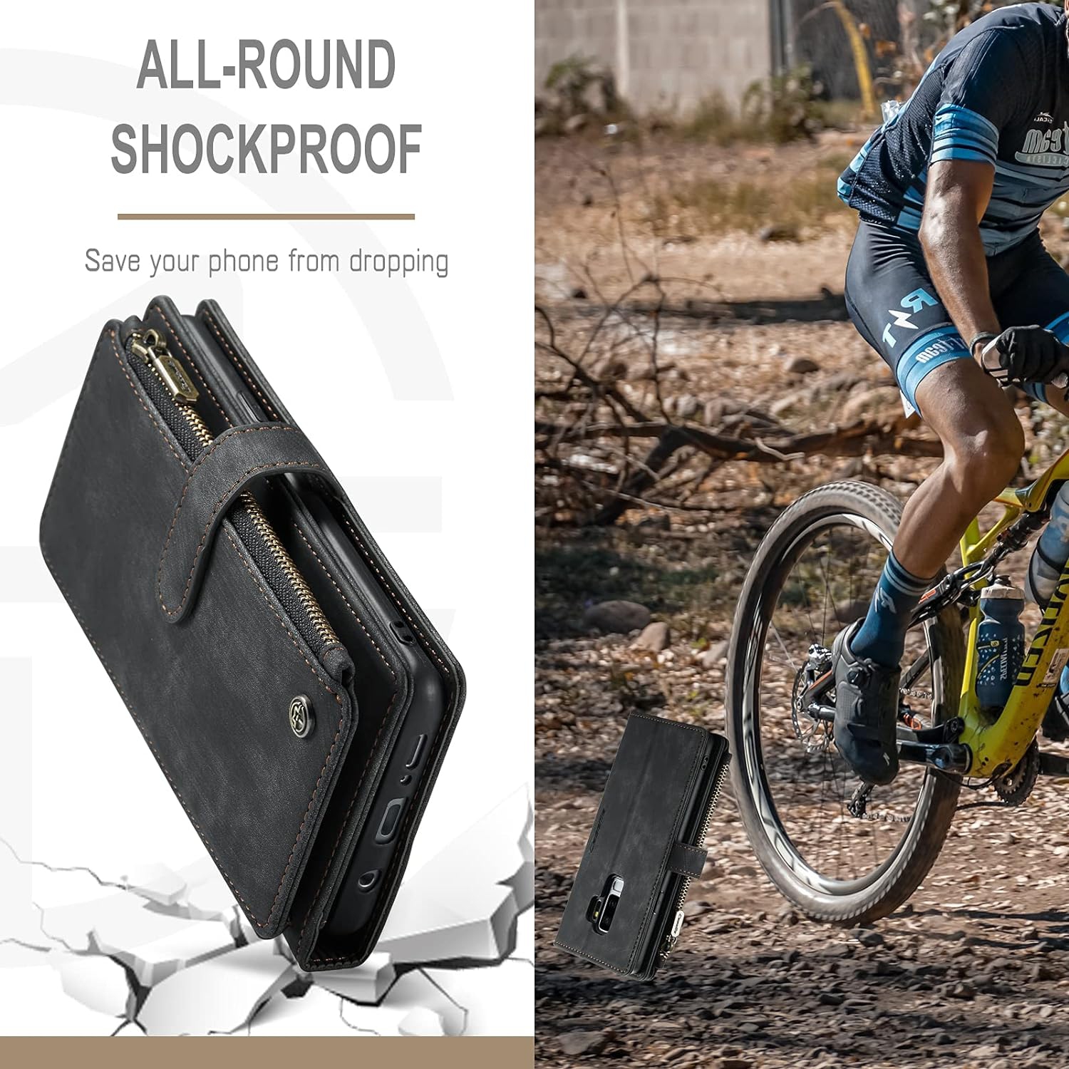 UEEBAI Wallet Case for Samsung Galaxy S9, Premium Handmade PU Leather Phone Case Card Slots Magnetic Closure Zipper