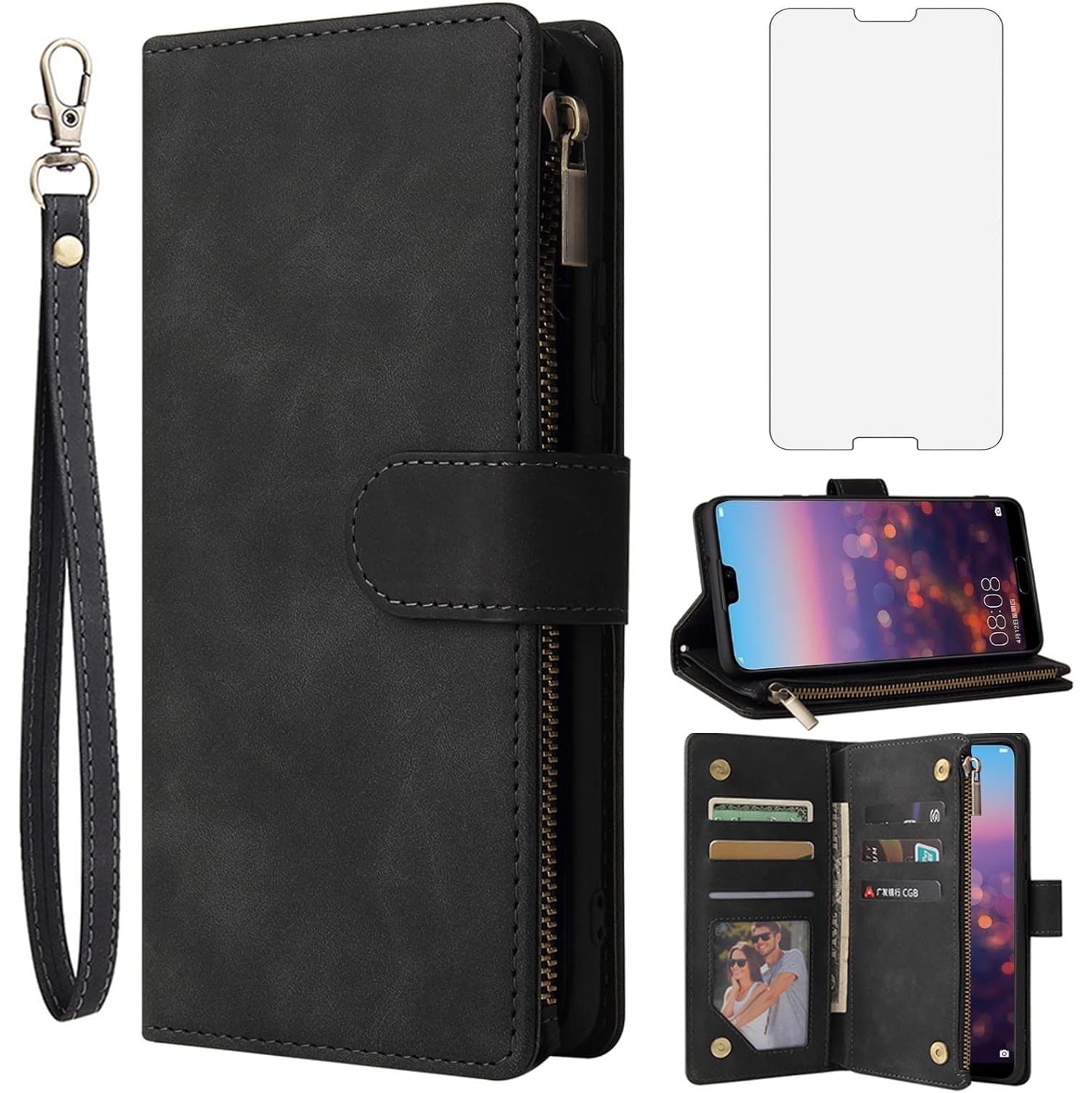 Compatible avec le protecteur d'écran en verre trempé et le porte-carte en cuir Flip Cover pour P20 de Huawei