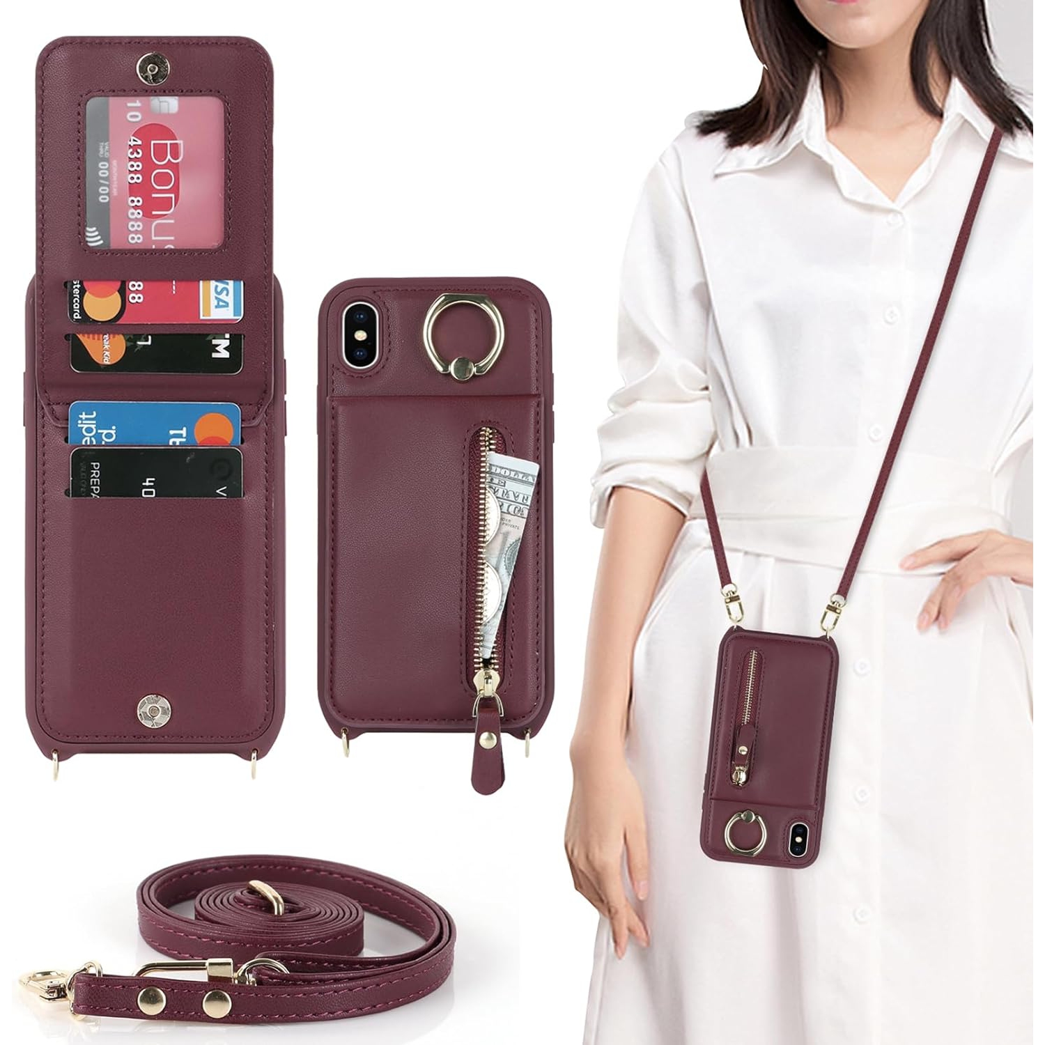 Étui pour femmes XS Max de iPhone avec porte-carte, étui de téléphone iPhone XS Max avec courroie, sac à bandoulière pour iPhone XS Max