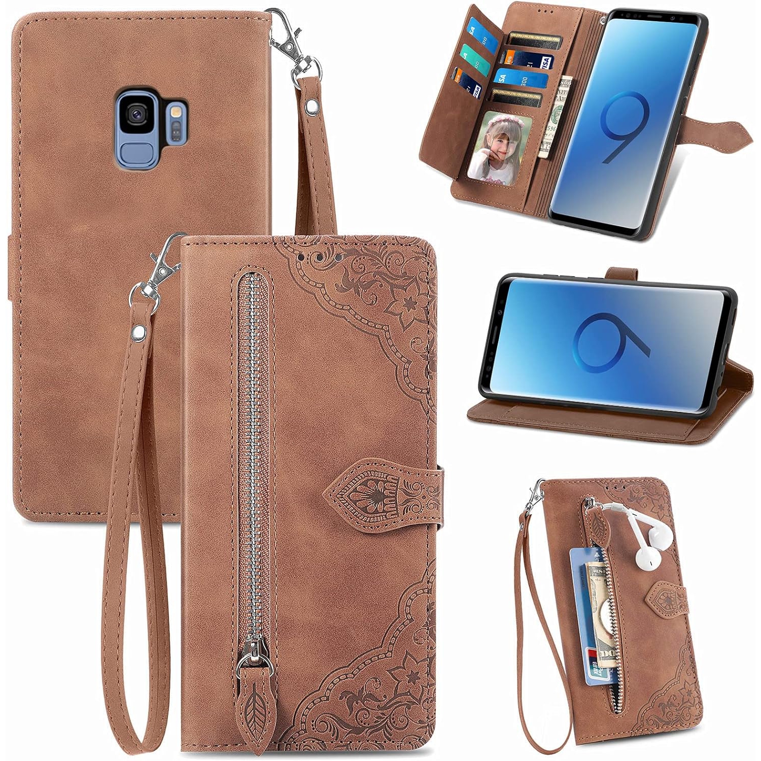 Compatible avec l'étui portefeuille pour Galaxy S9 de Samsung avec dragonne et support pour carte à rabat en cuir