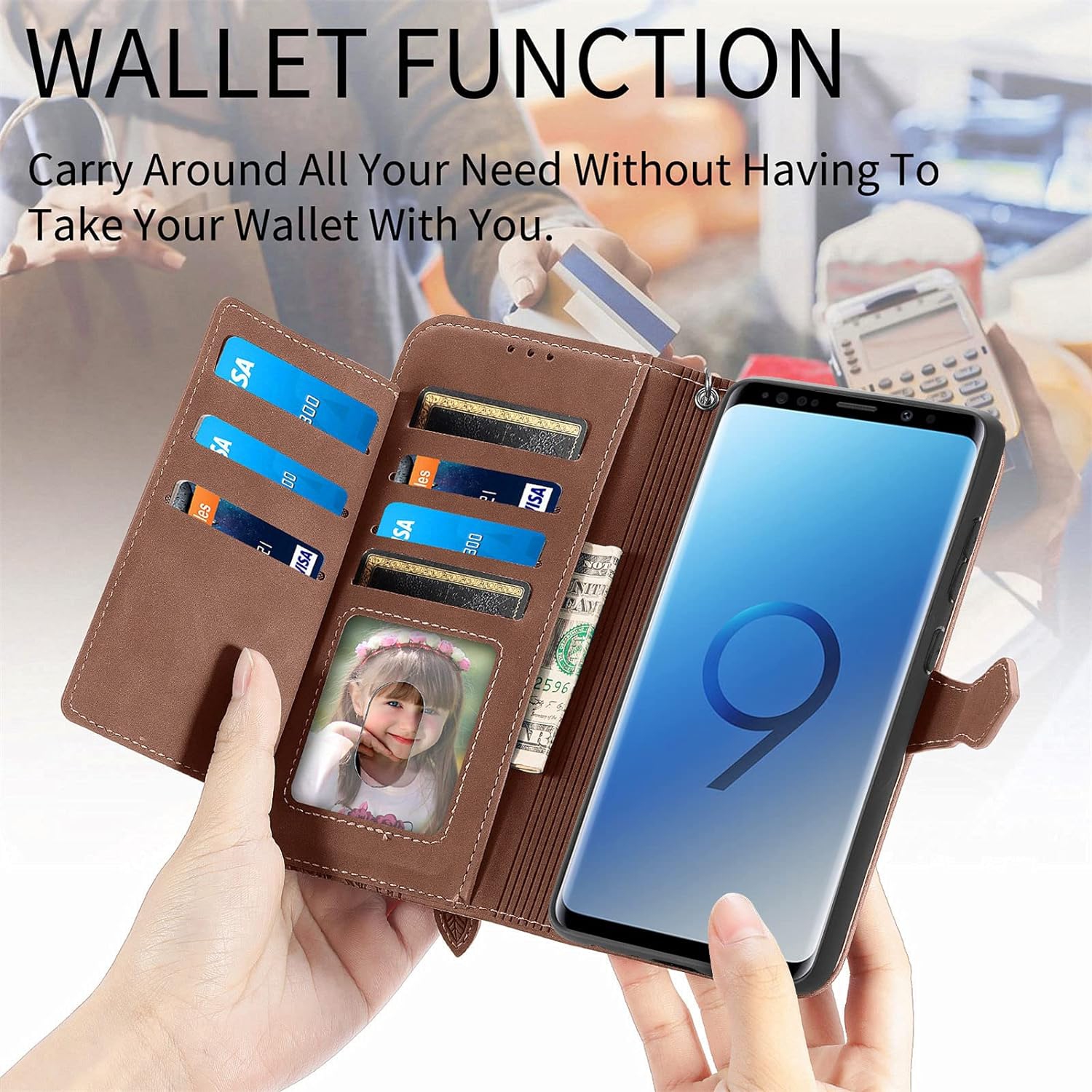 Compatible avec l'étui portefeuille pour Galaxy S9 de Samsung avec dragonne et support pour carte à rabat en cuir