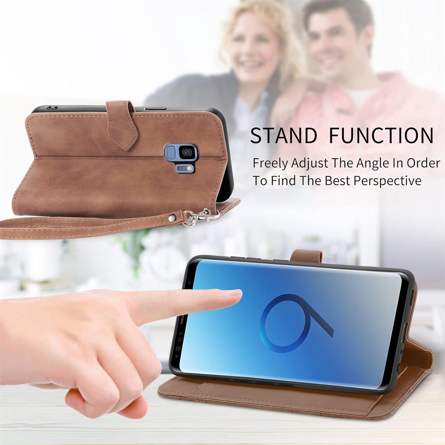 Compatible avec l'étui portefeuille pour Galaxy S9 de Samsung avec dragonne et support pour carte à rabat en cuir