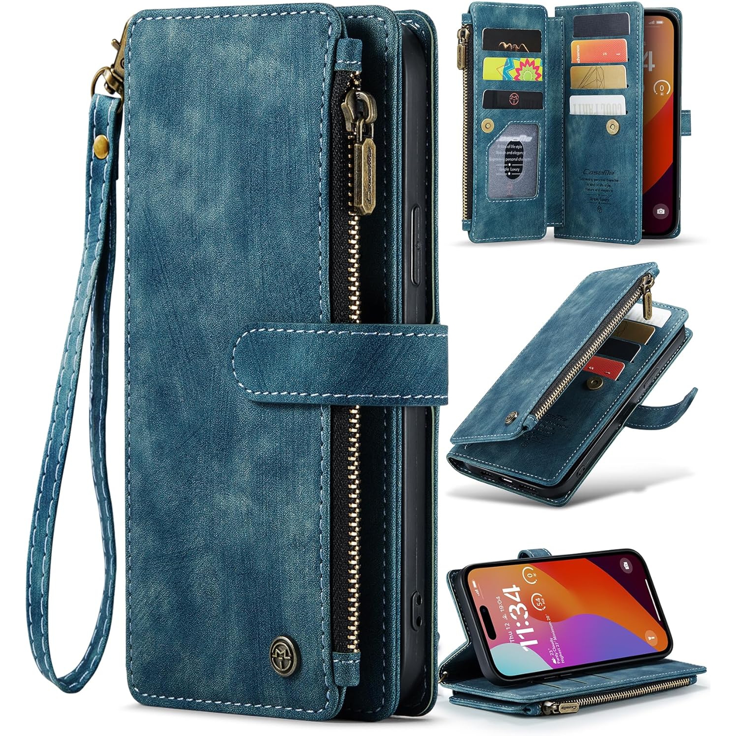 Wallet Case for iPhone 15 Pro Max, PU Leather Flip Magnetic Closure Shockproof Zipper Purse Cover for iPhone 15