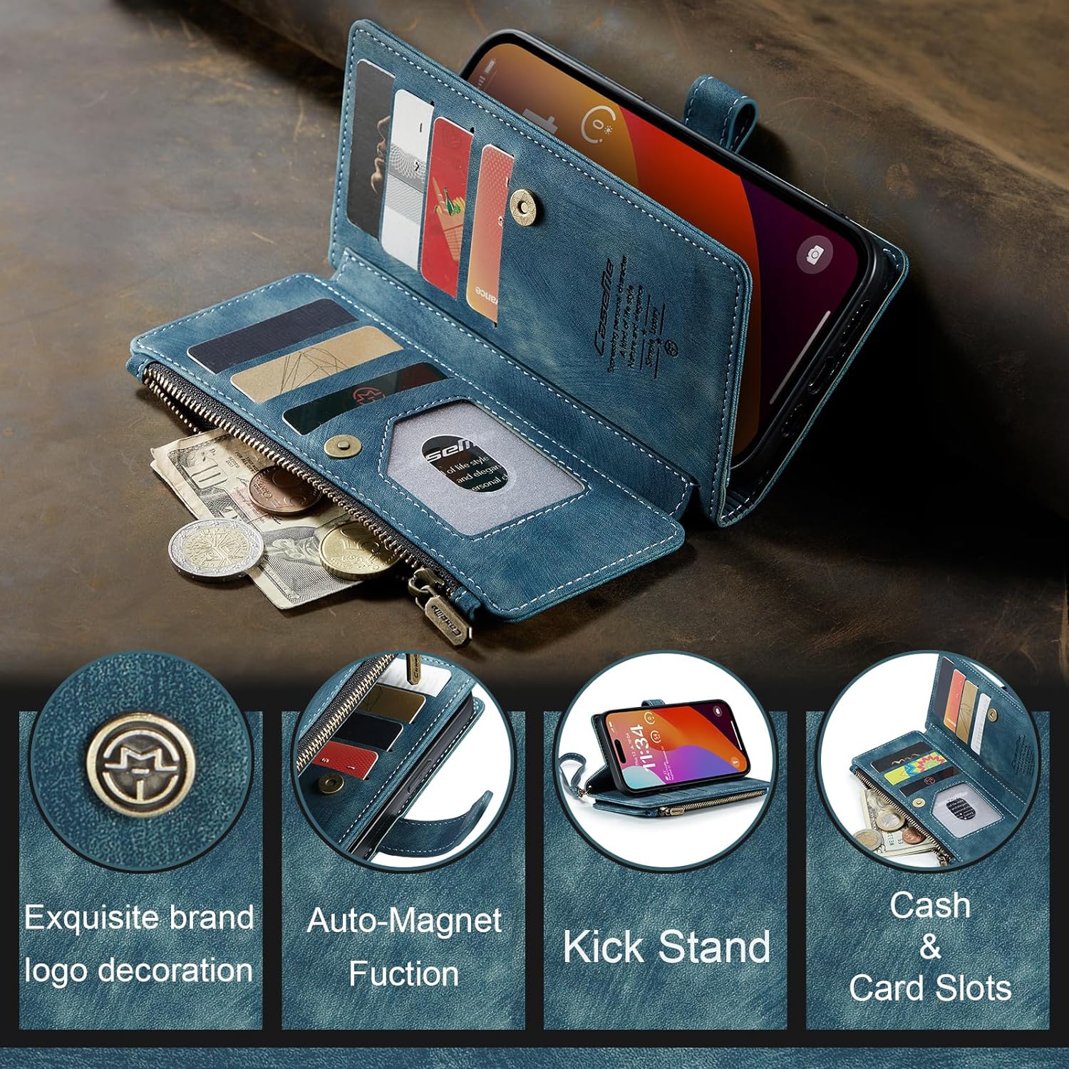 Wallet Case for iPhone 15 Pro Max, PU Leather Flip Magnetic Closure Shockproof Zipper Purse Cover for iPhone 15