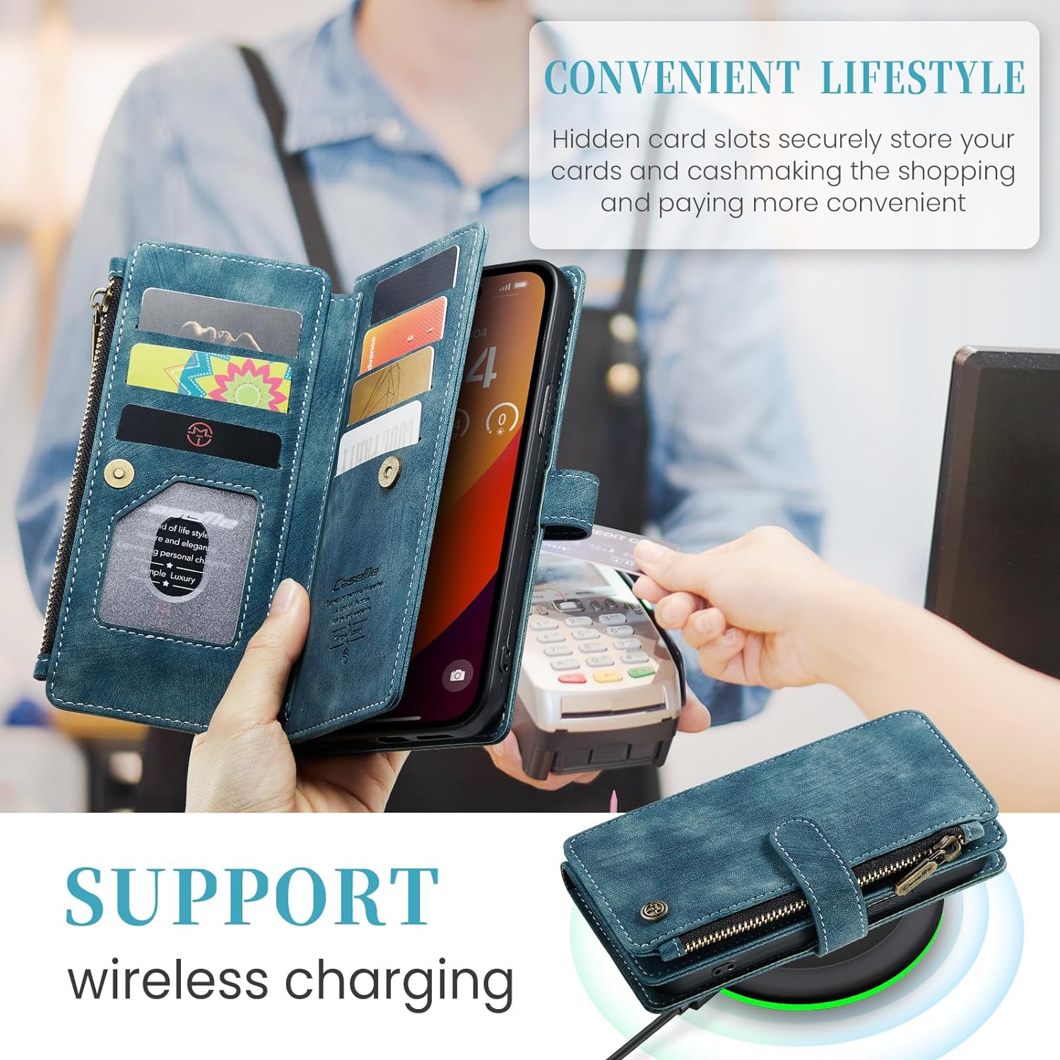 Wallet Case for iPhone 15 Pro Max, PU Leather Flip Magnetic Closure Shockproof Zipper Purse Cover for iPhone 15