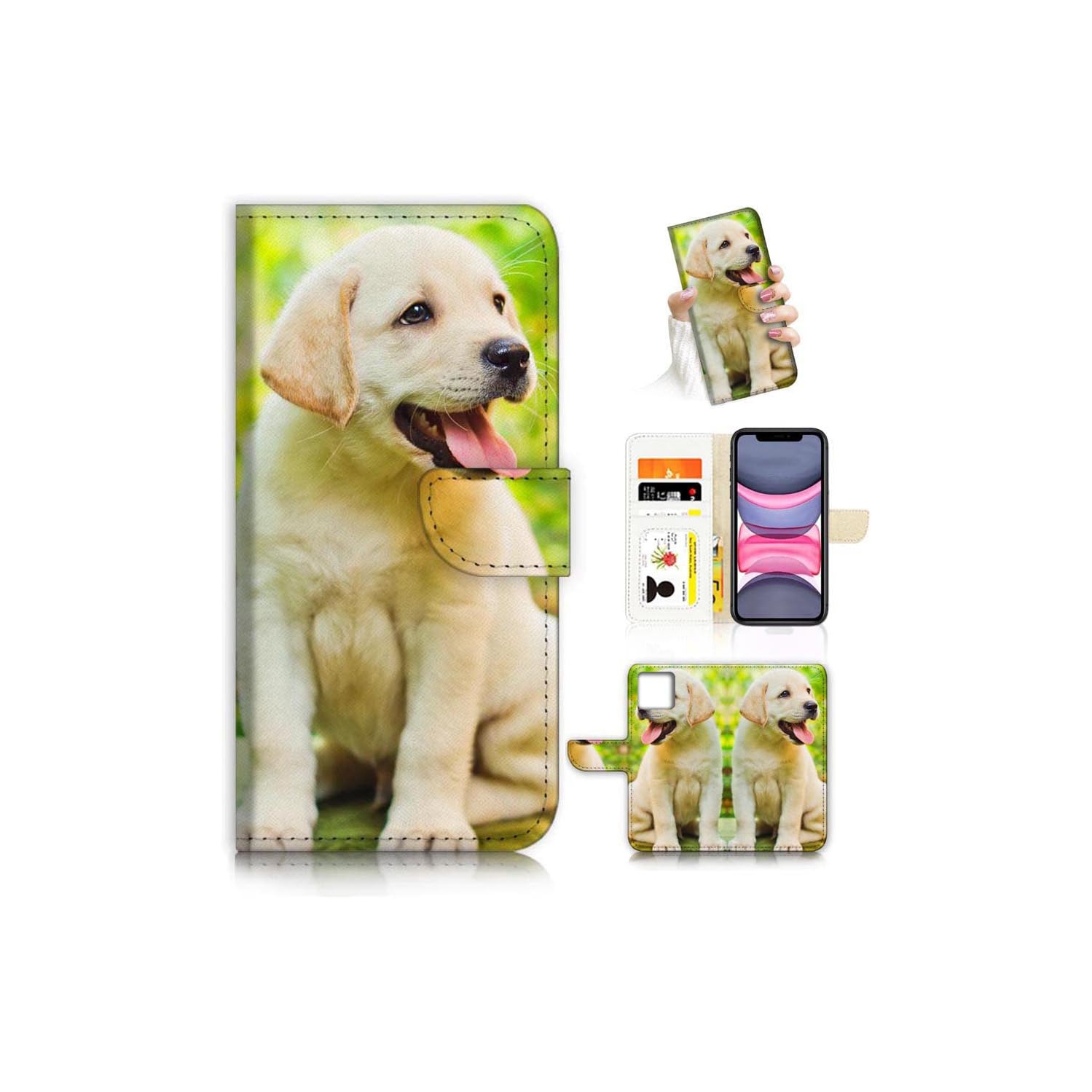 for iPhone 11, Art Designed Flip Wallet Style Phone Case Cover Cat Dog Puppy Kitten Full Body Protection AD005