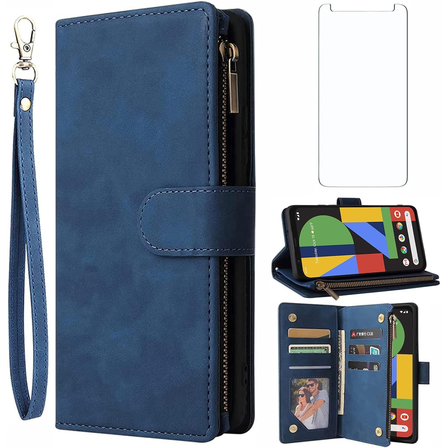 Compatible avec l'étui portefeuille en verre trempé et le porte-carte en cuir à rabat pour Pixel 4 de Google