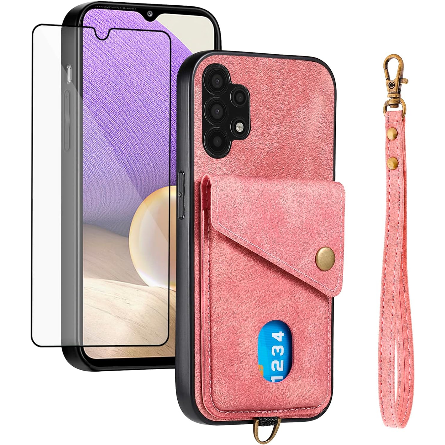 Phone Case for Samsung Galaxy A32 5G 2021 6.5 inch Wallet Cover with Tempered Glass Screen Protector and Wrist