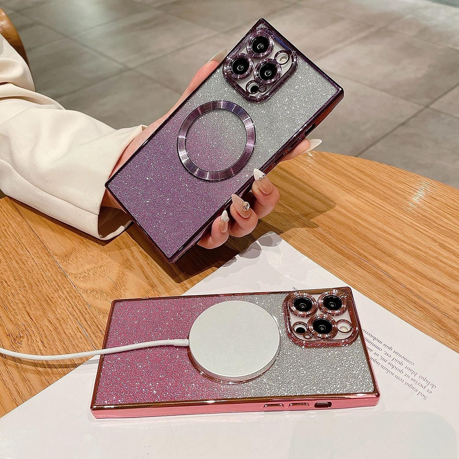 for iPhone 14 Pro Square Case Compatible with MagSafe,Full Protection Magnetic Glitter Case with Camera Lens