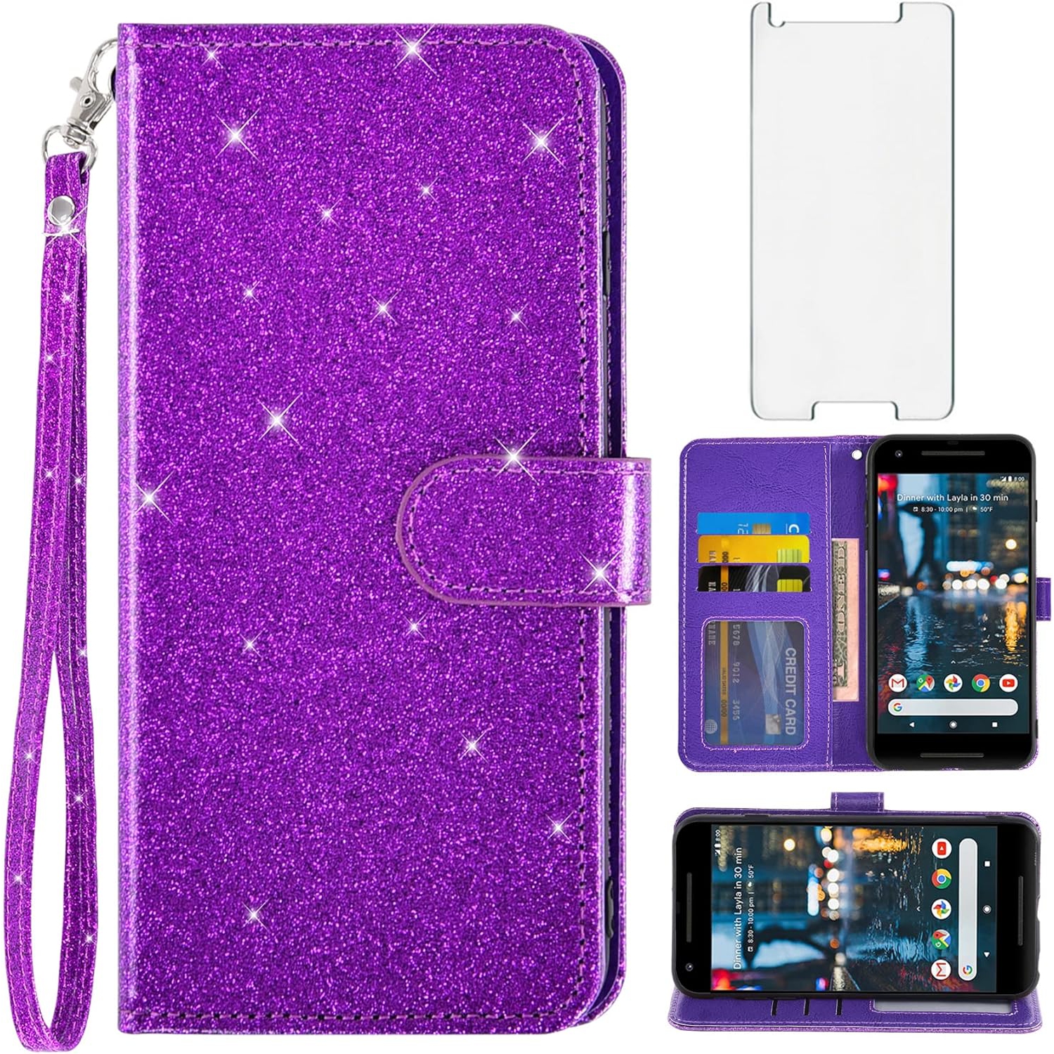 Étui de téléphone pour Pixel 2 de Google avec protecteur d'écran en verre trempé et fente pour carte d'accessoires