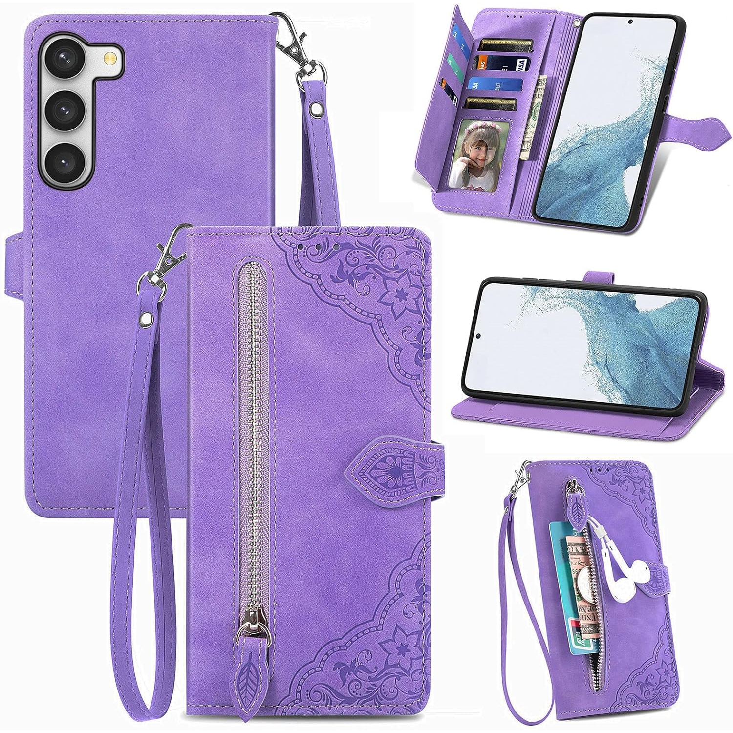 Compatible avec l'étui portefeuille Galaxy S23 plus S23+ 5G de Samsung avec dragonne et carte à rabat en cuir