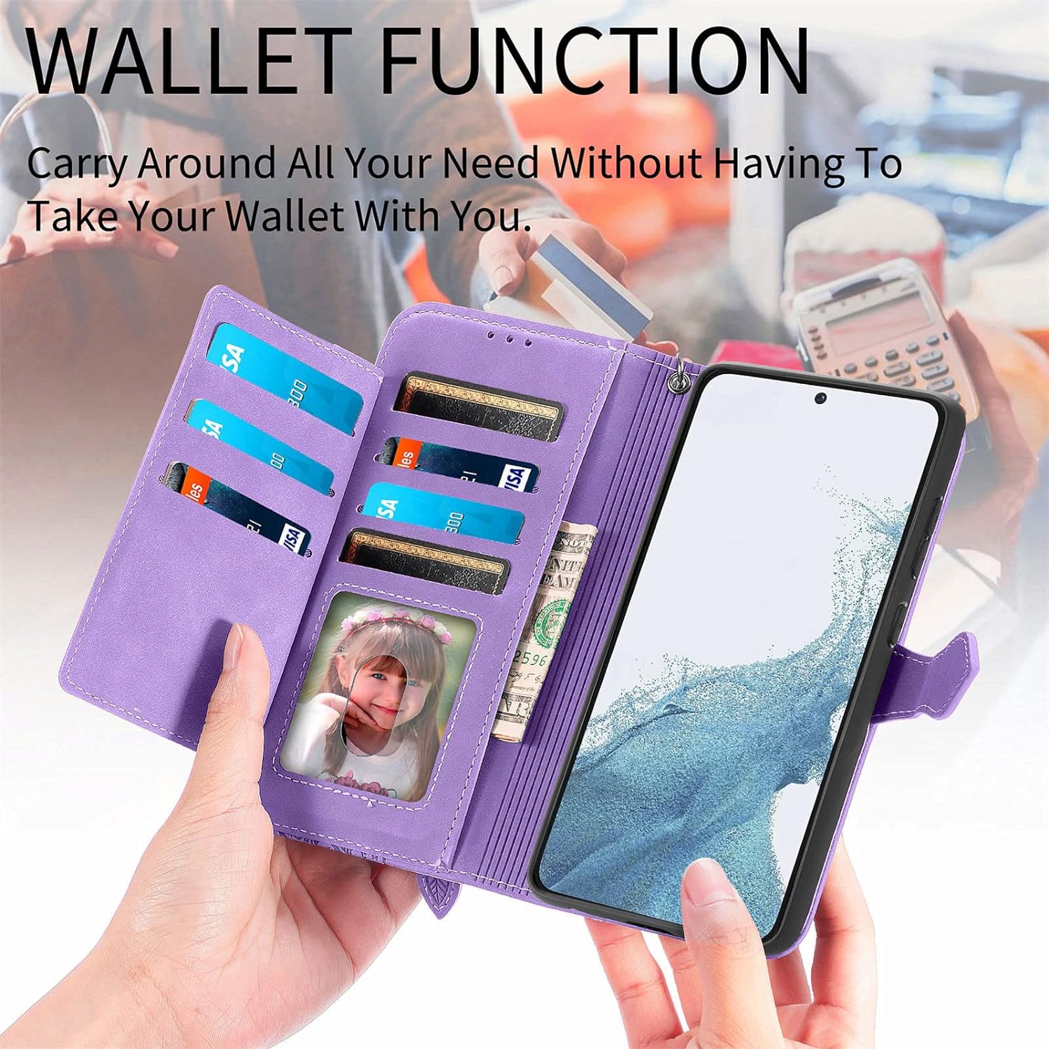 Compatible avec l'étui portefeuille Galaxy S23 plus S23+ 5G de Samsung avec dragonne et carte à rabat en cuir