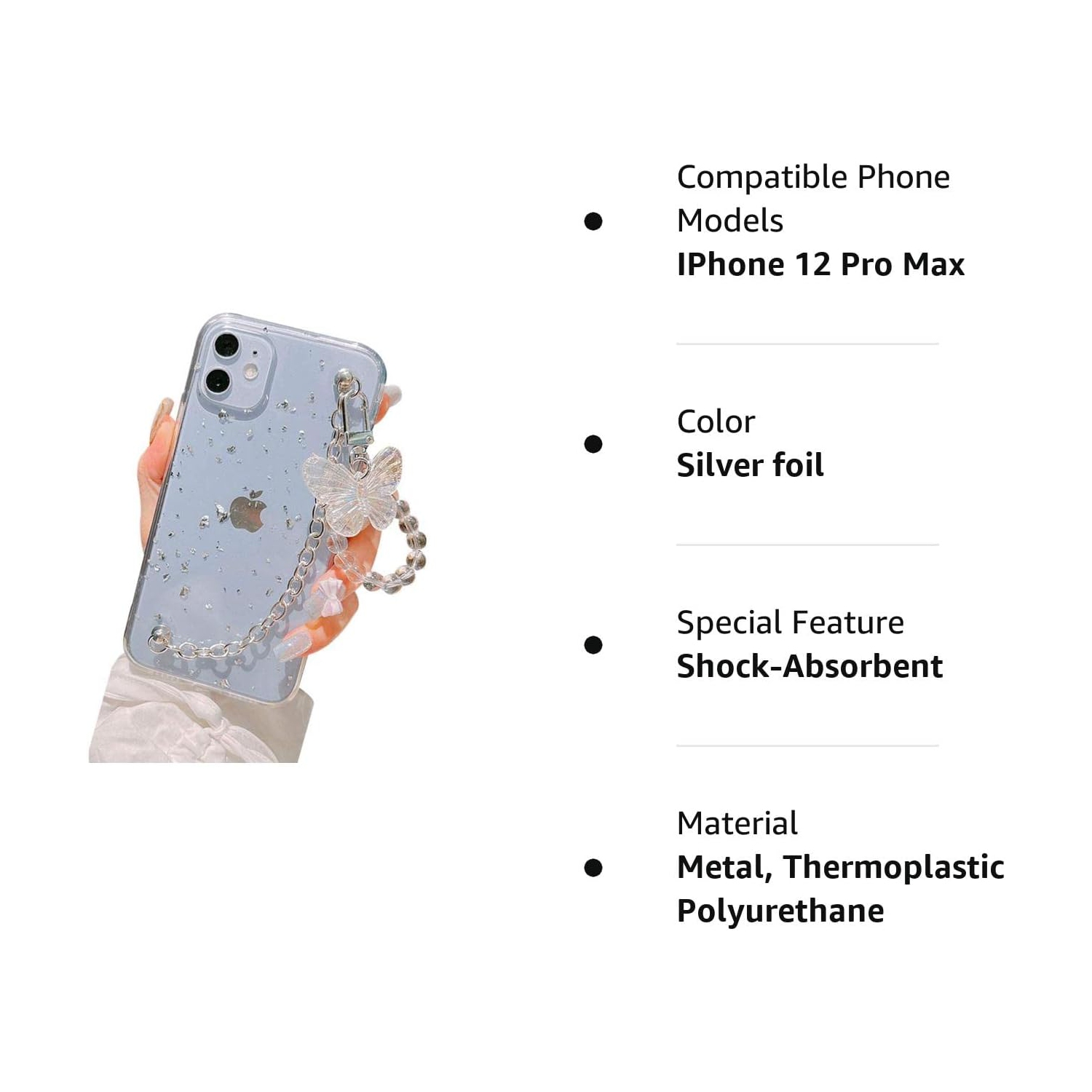 Girl Women Beautiful Gold Foil Goldleaf Transparent TPU Phone Case +Metal Bracelet Chain +Butterfly Lanyard,