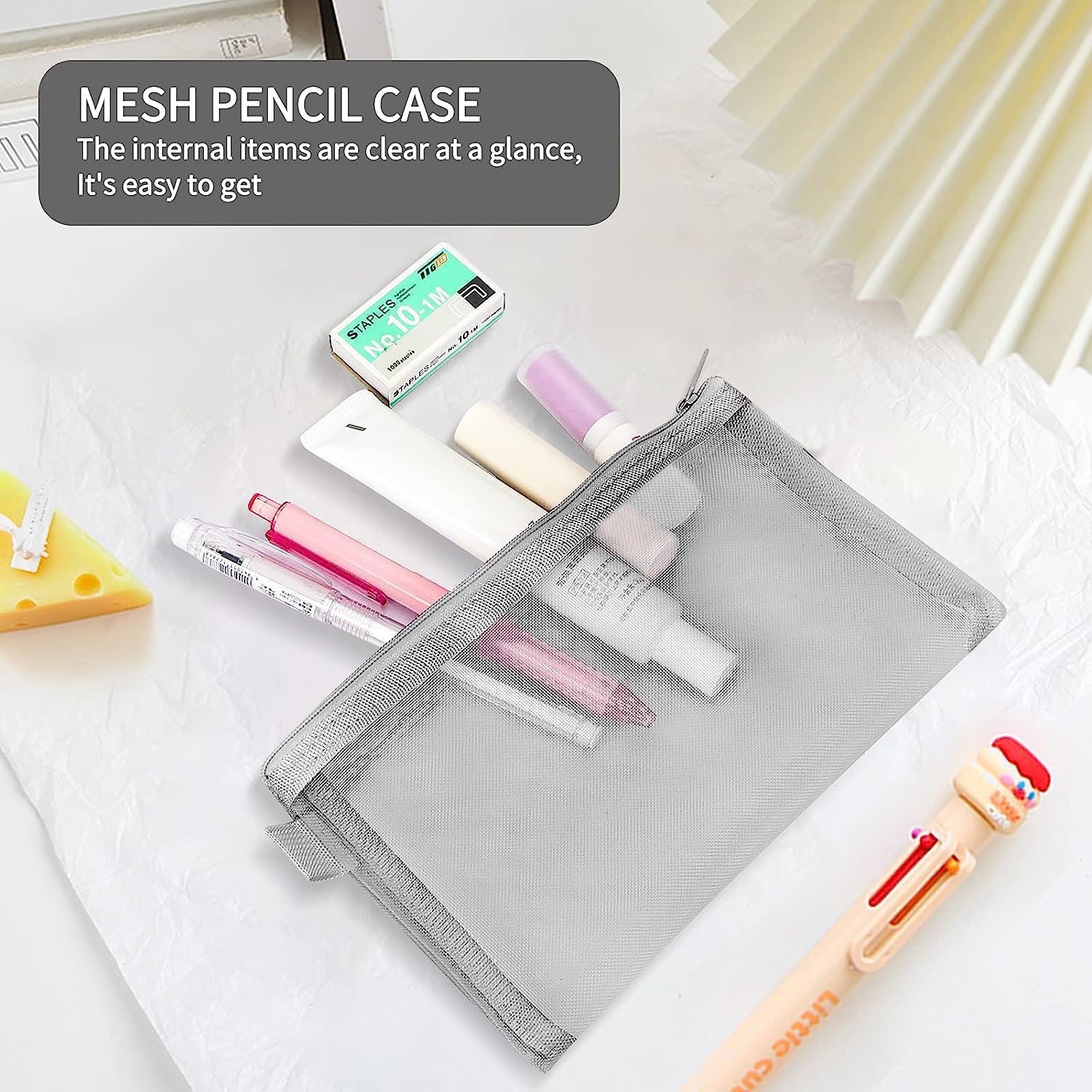 Étui à crayons en filet, paquet de 3 étuis à crayons transparents en nylon multifonctions, pochette en filet à fermeture à glissière pour stylos,