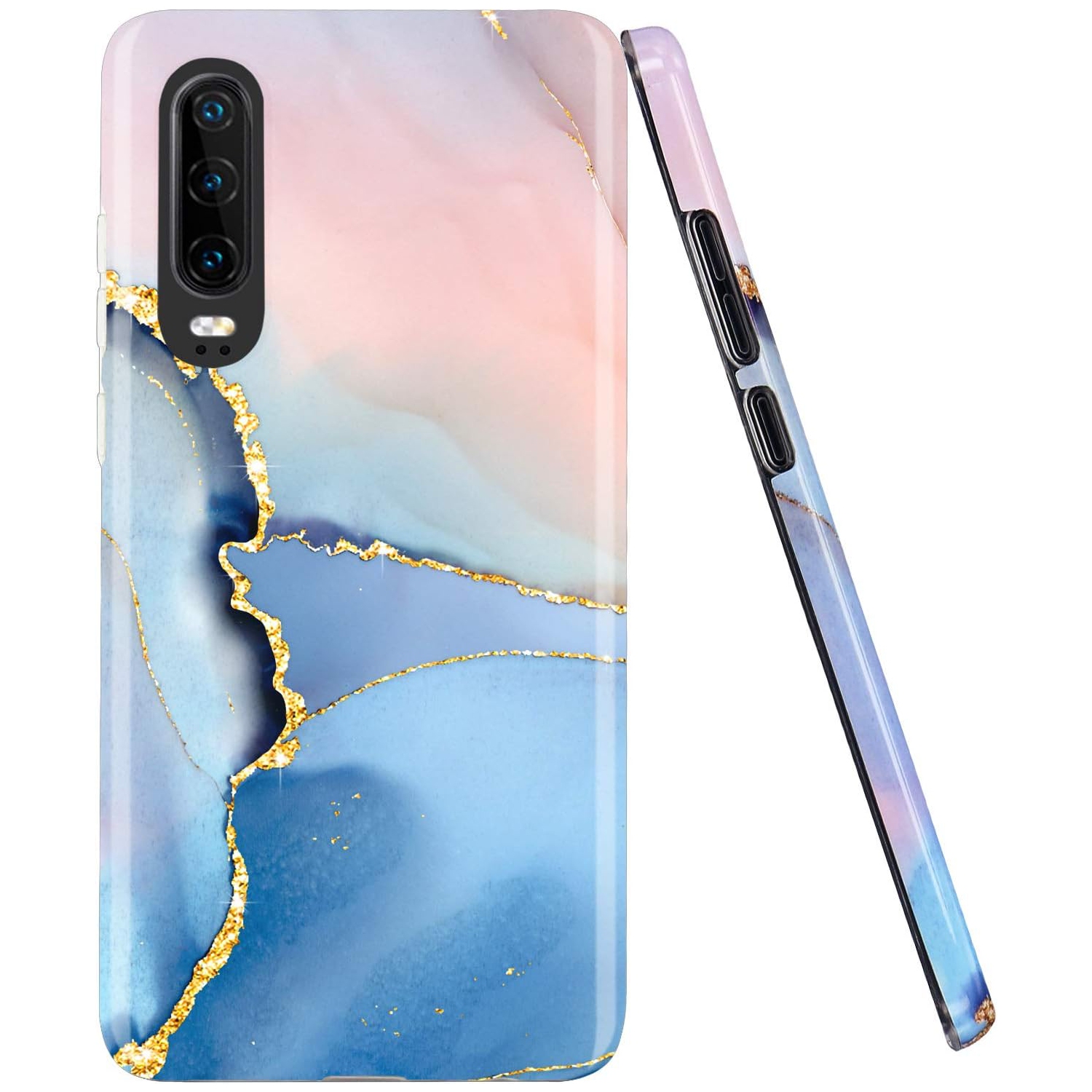 Compatible Huawei P30 Case Gold Glitter Sparkle Blue Marble Design Clear Bumper Glossy TPU Soft Rubber Silicone