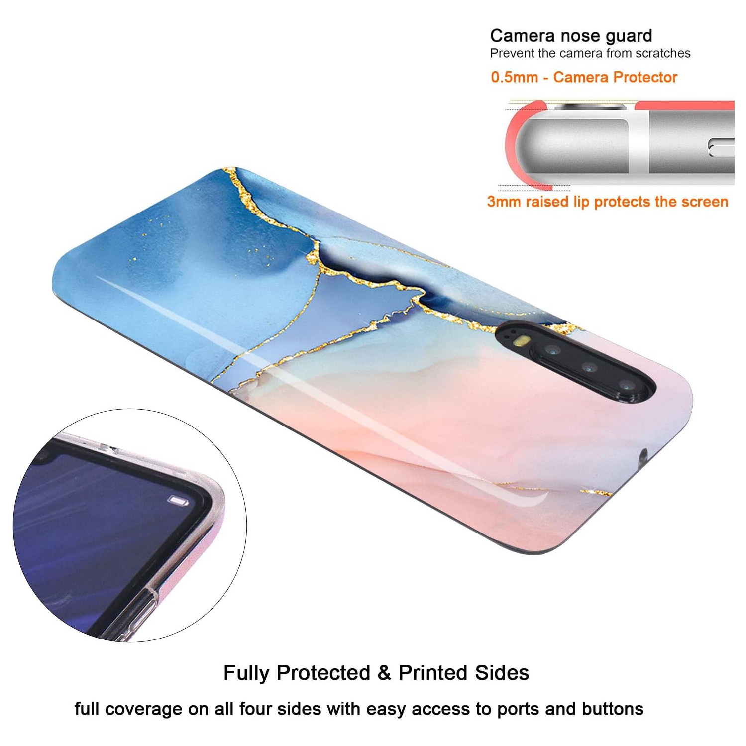 Compatible Huawei P30 Case Gold Glitter Sparkle Blue Marble Design Clear Bumper Glossy TPU Soft Rubber Silicone