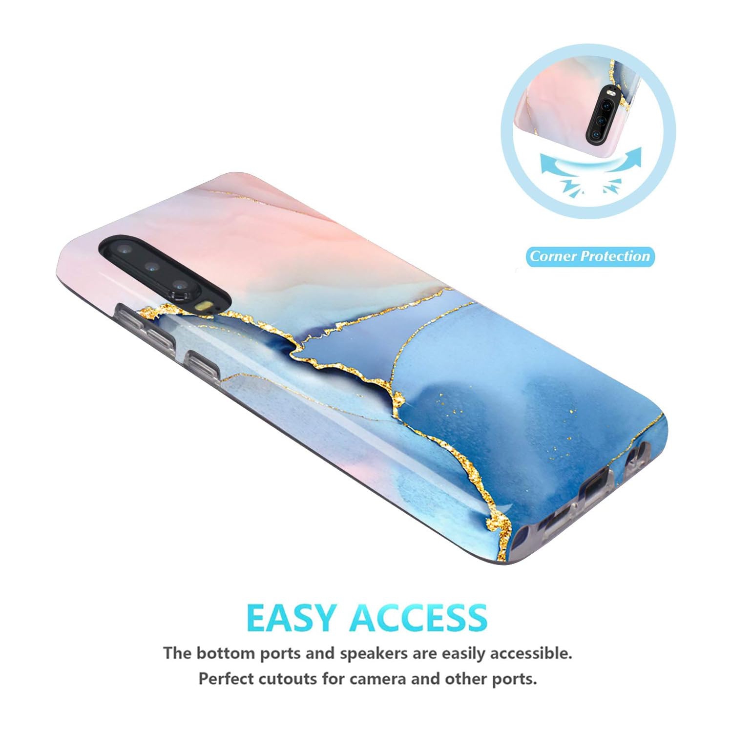 Compatible Huawei P30 Case Gold Glitter Sparkle Blue Marble Design Clear Bumper Glossy TPU Soft Rubber Silicone