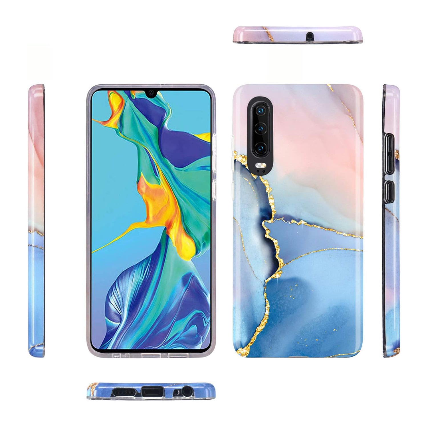 Compatible Huawei P30 Case Gold Glitter Sparkle Blue Marble Design Clear Bumper Glossy TPU Soft Rubber Silicone