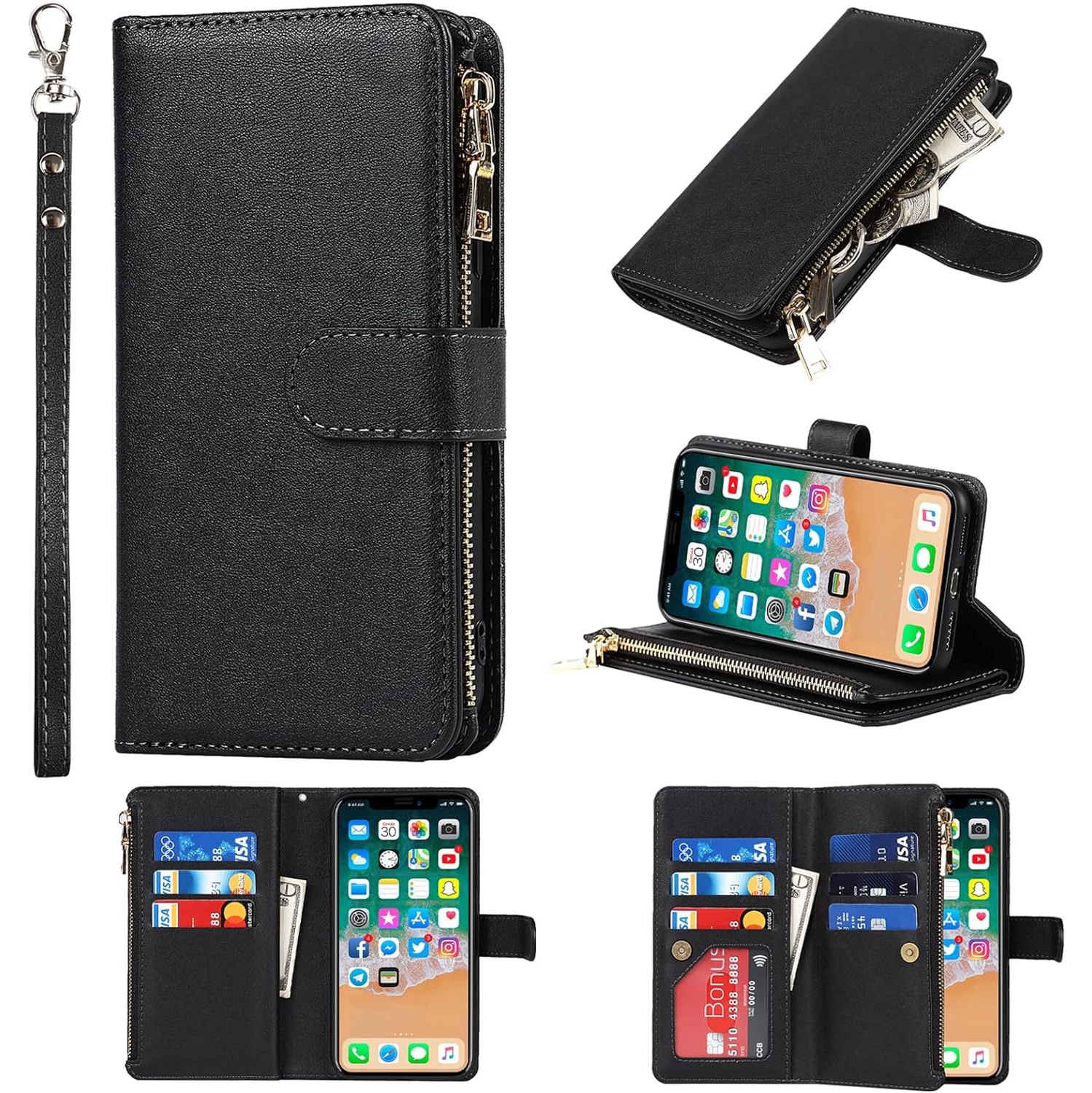 Wallet Case Compatible with iPhone Xs Max Case,[9 Card Slots] [Wrist Strap] [Stand Feature] Zipper Cash Pocket