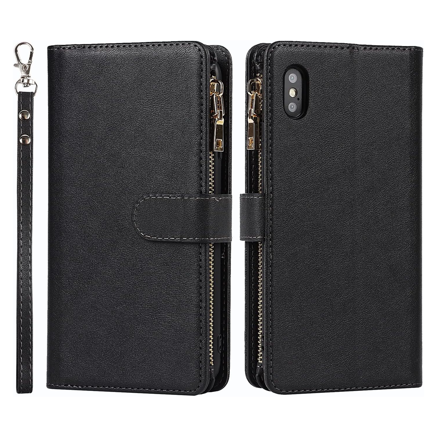 Wallet Case Compatible with iPhone Xs Max Case,[9 Card Slots] [Wrist Strap] [Stand Feature] Zipper Cash Pocket