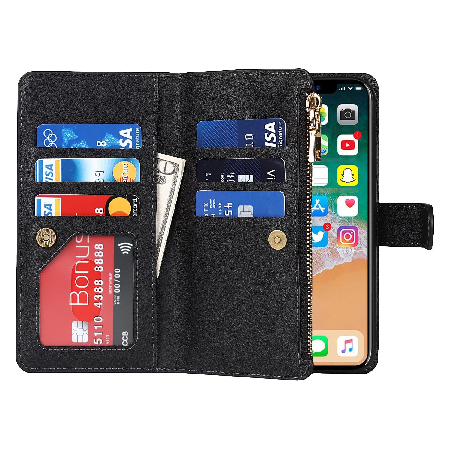 Wallet Case Compatible with iPhone Xs Max Case,[9 Card Slots] [Wrist Strap] [Stand Feature] Zipper Cash Pocket