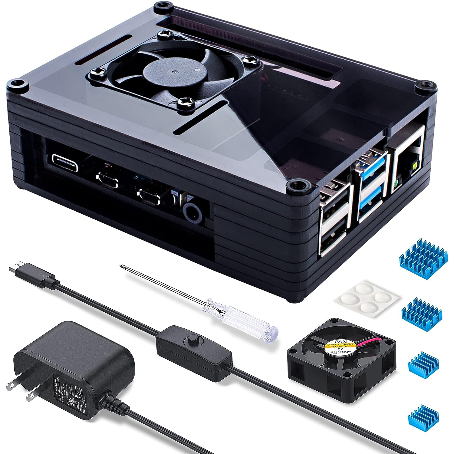 Case for Raspberry Pi 4, Raspberry Pi 4 B Case with Fan 35mm, Pi 4 Model B 5V 3A Type-C Power Supply for Pi 4 B