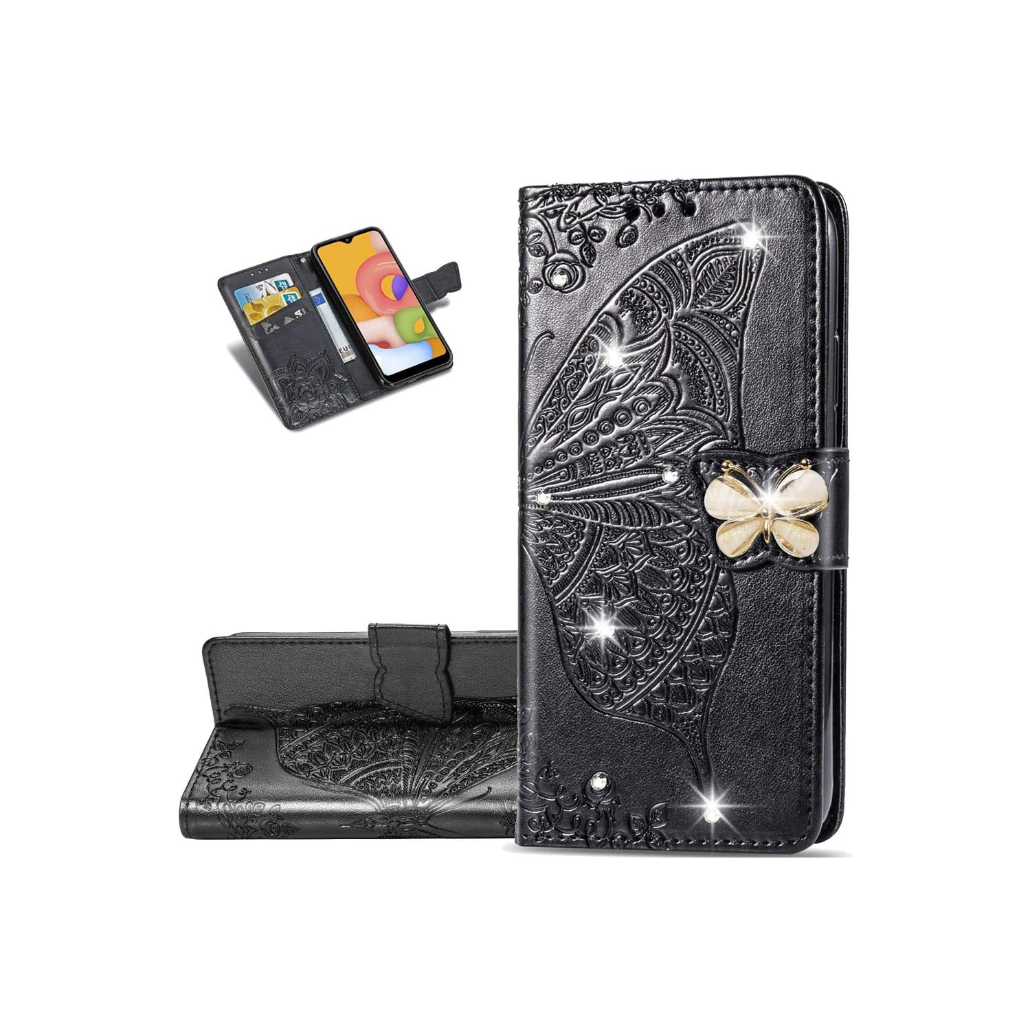 Samsung Galaxy Note 10 Plus Case Bling Diamond Butterfly Embossed Wallet Flip PU Leather Magnetic Card Slots