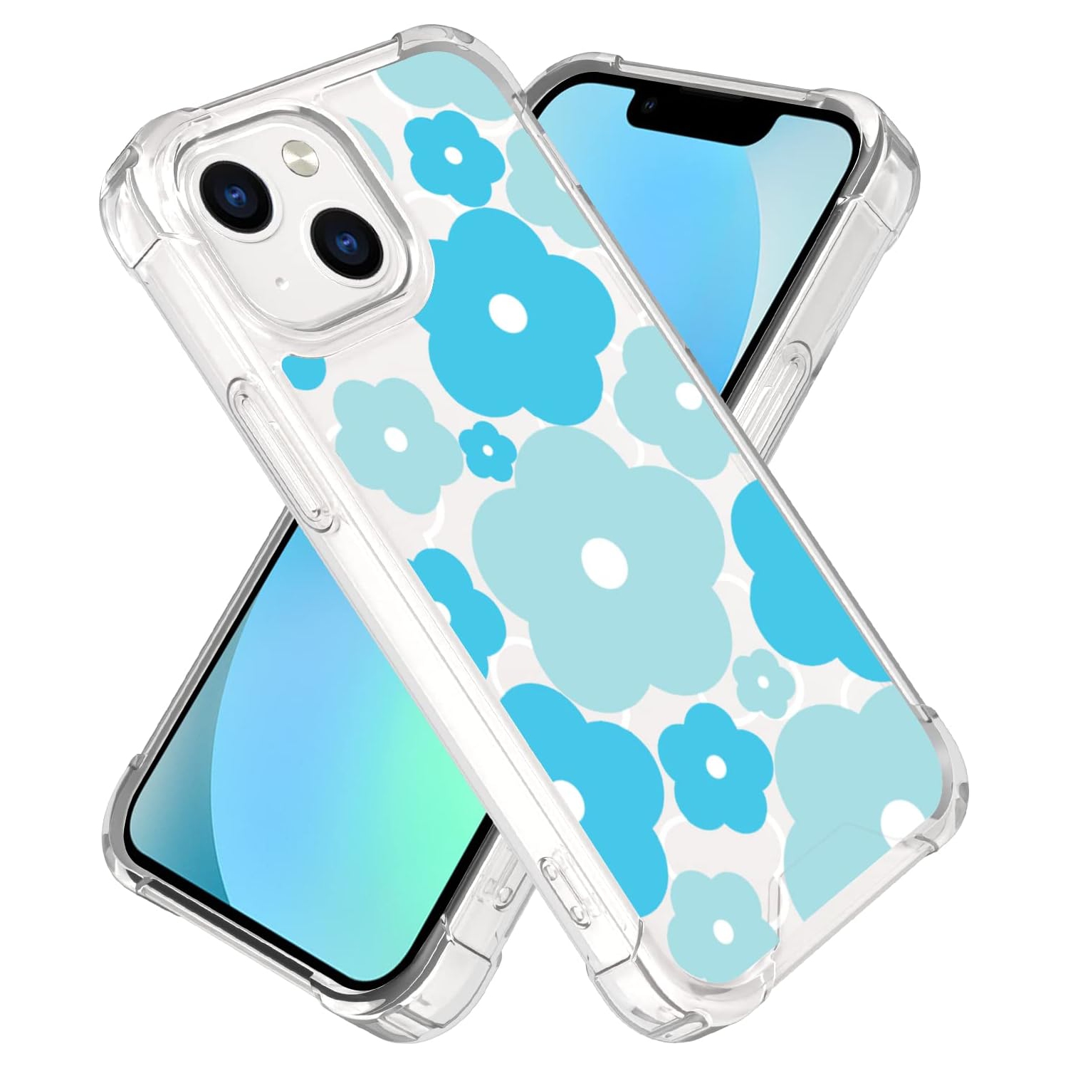 for iPhone 13 Mini Case Cute Kawaii Blue Flower Floral Aesthetic Clear Phone Case for Girls Preppy Women - 5.4