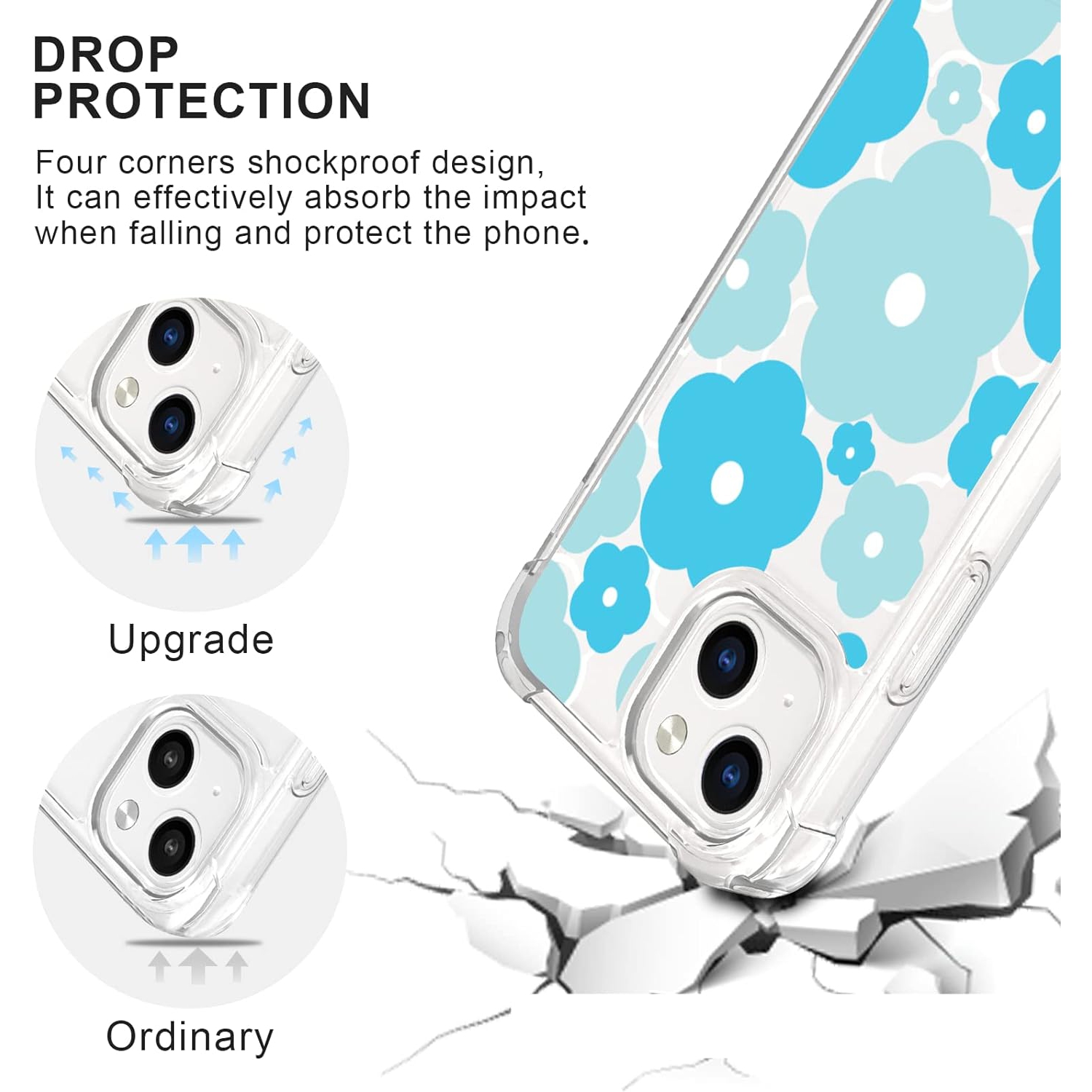 for iPhone 13 Mini Case Cute Kawaii Blue Flower Floral Aesthetic Clear Phone Case for Girls Preppy Women - 5.4