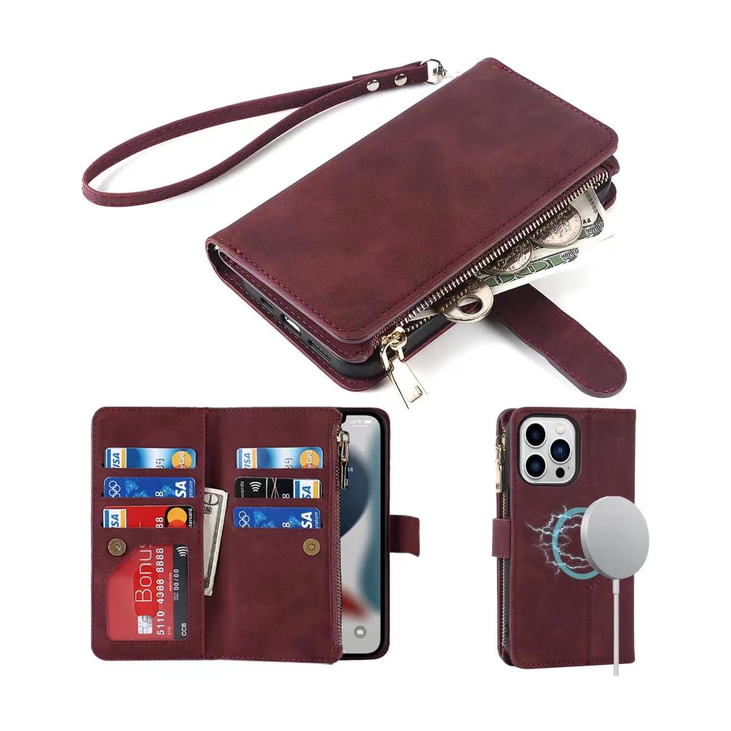 Etui – Étui-portefeuille iPhone 12 compatible MagSafe, étui pour téléphone iPhone 12 Pro avec porte-carte, portefeuille magnétique à fermeture à