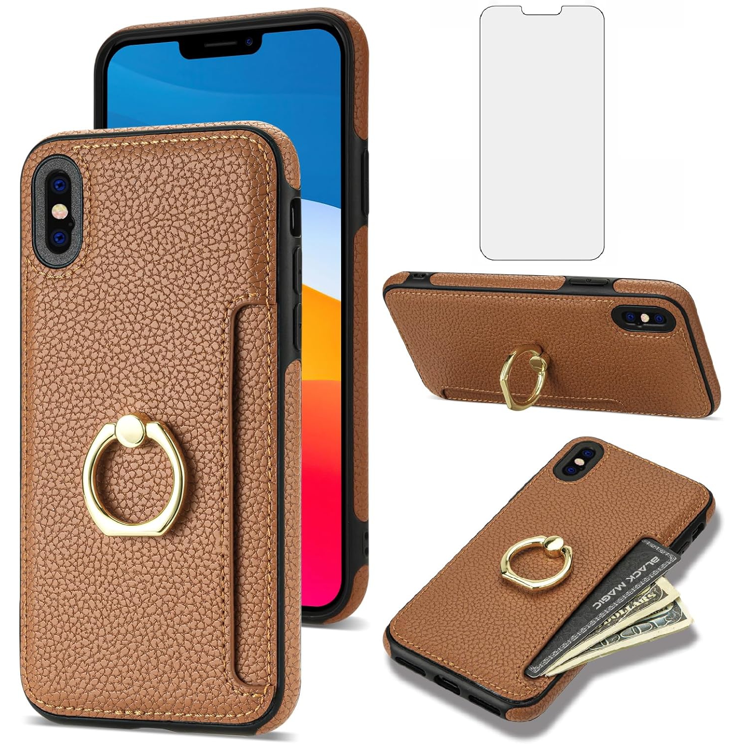 Phone Case for iPhone Xs Max Wallet Cover with Tempered Glass Screen Protector and Thin Slim Ring Stand Credit Card