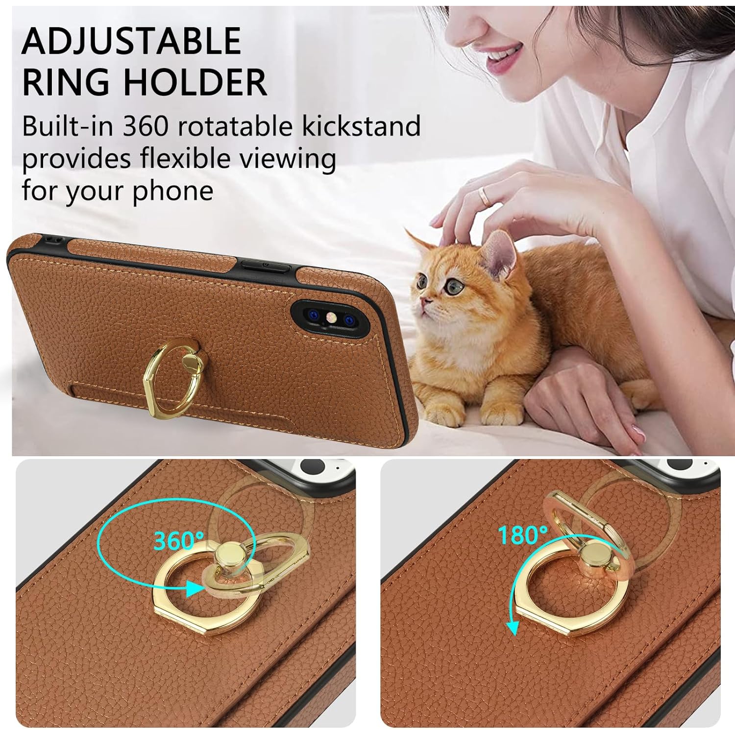 Phone Case for iPhone Xs Max Wallet Cover with Tempered Glass Screen Protector and Thin Slim Ring Stand Credit Card