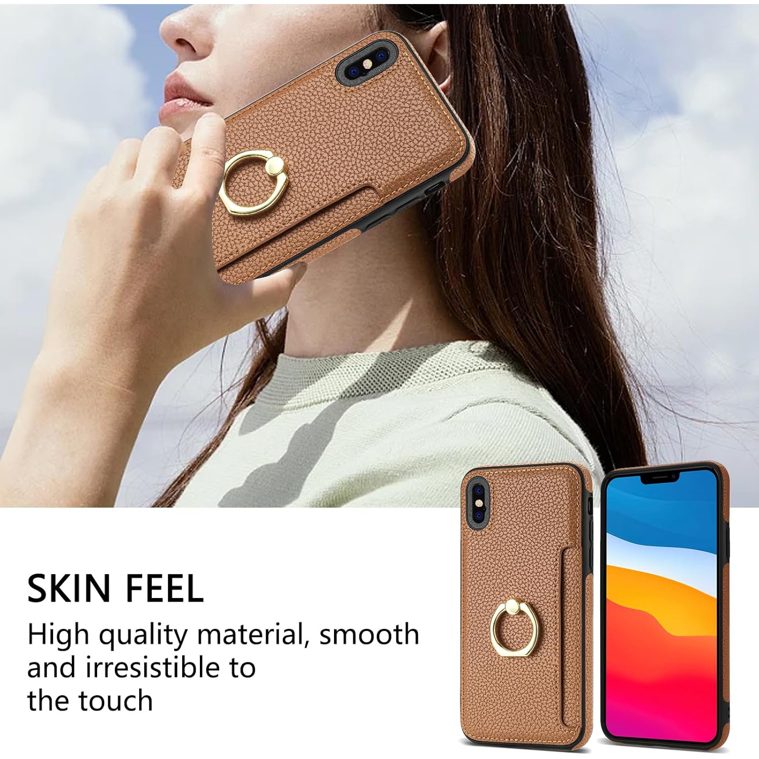 Phone Case for iPhone Xs Max Wallet Cover with Tempered Glass Screen Protector and Thin Slim Ring Stand Credit Card