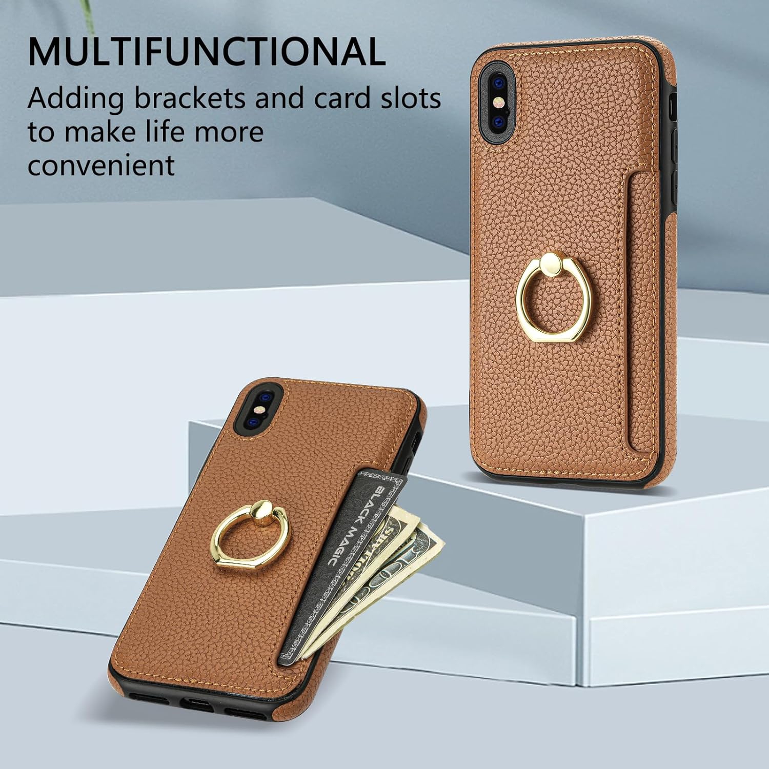 Phone Case for iPhone Xs Max Wallet Cover with Tempered Glass Screen Protector and Thin Slim Ring Stand Credit Card