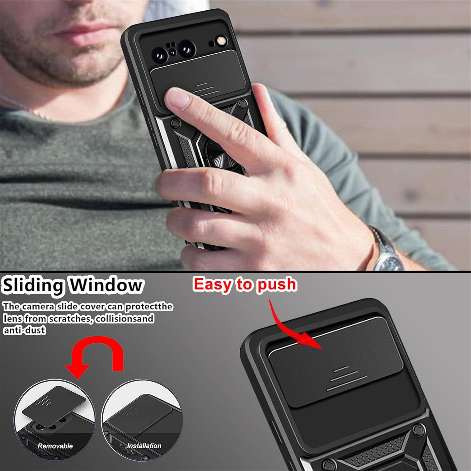 for Google Pixel 8 Case with Slide Camera Cover for Men, Military Grade Drop Phone Cover Case with Ring