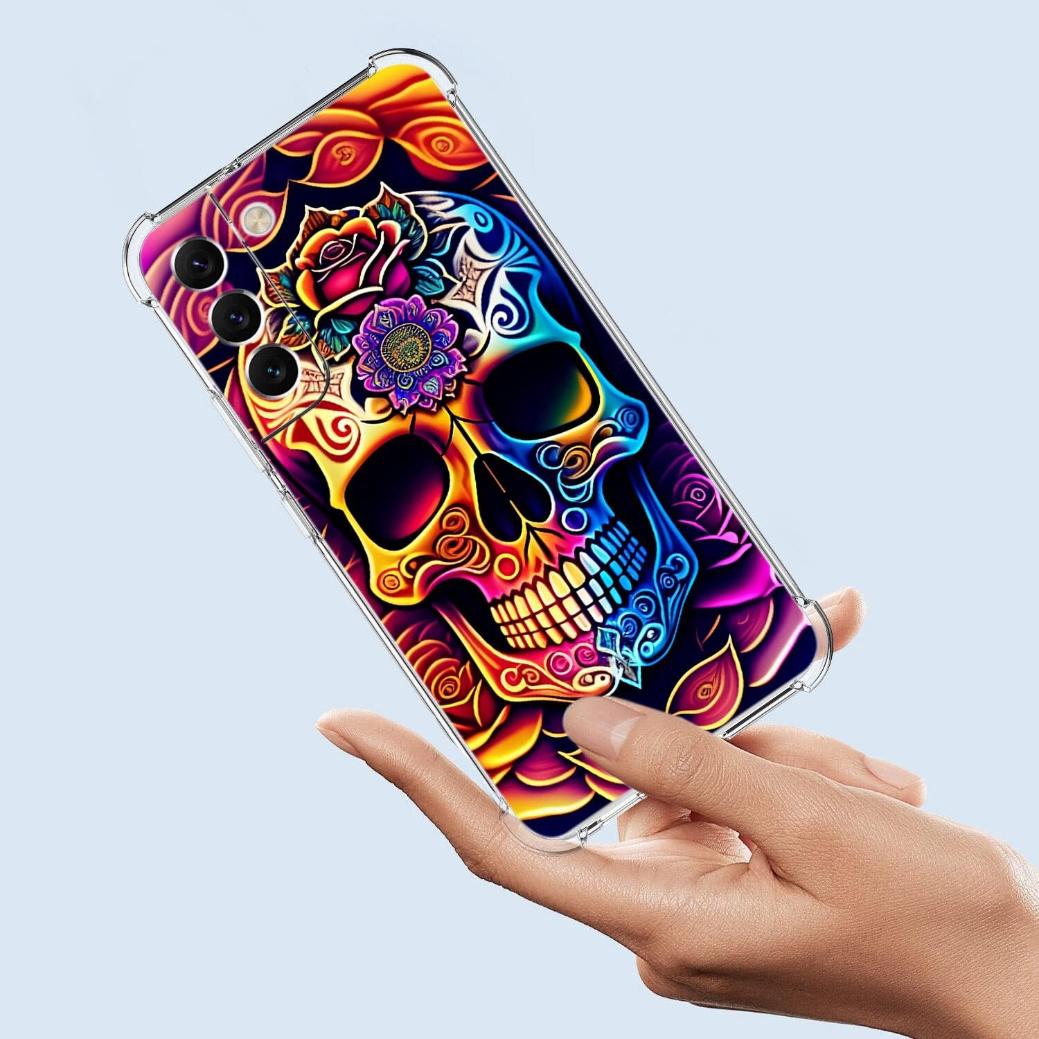 Galaxy S21 FE 5G Case,Colorful Mandala Skull Flowers Drop Protection Shockproof Case TPU Full Body Protective