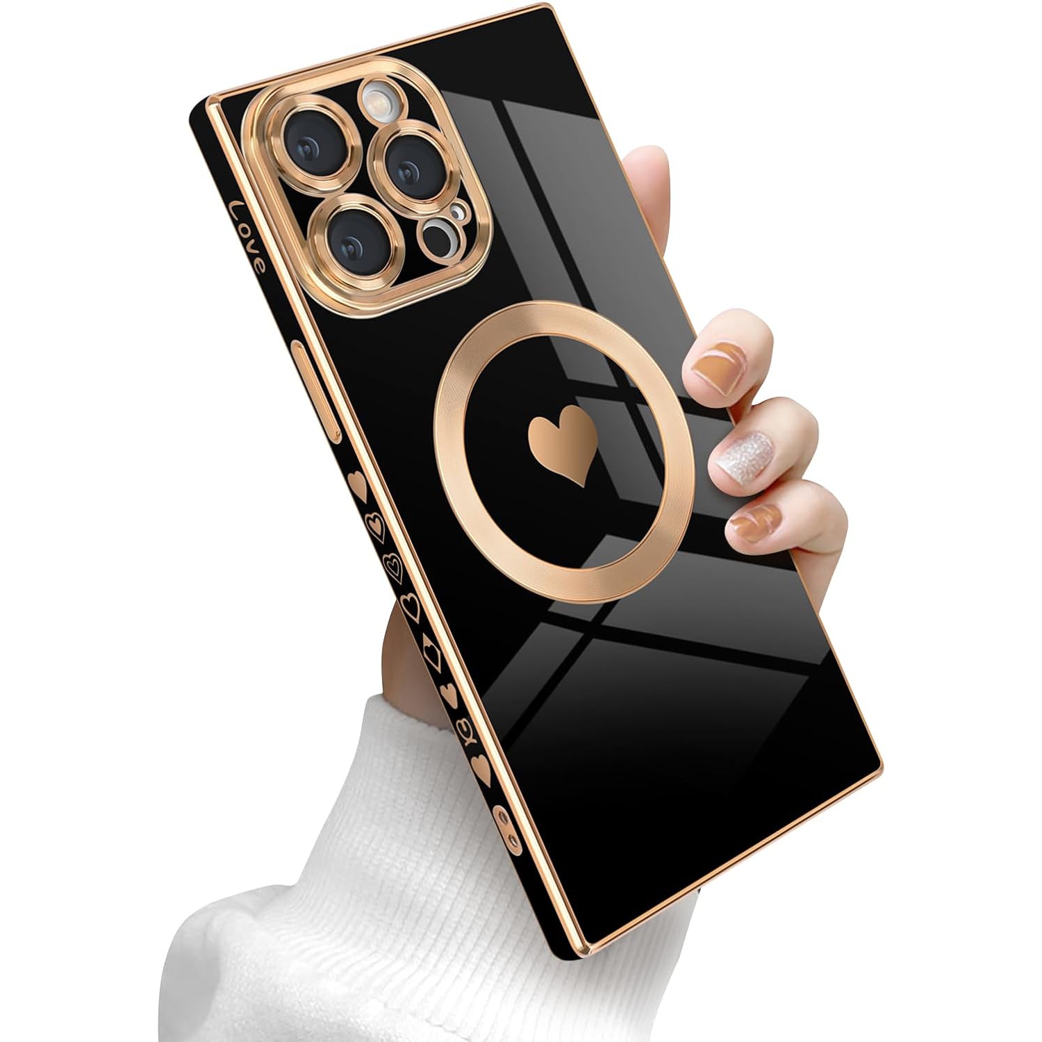 for iPhone 13 Pro Max Magnetic Case, Luxury Cute Love Heart Plating Edge Square Case for Women Girls Men Soft