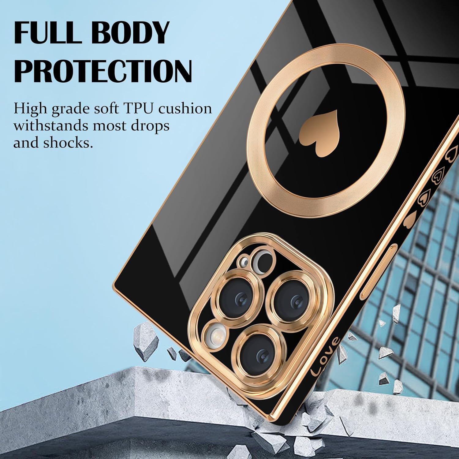 for iPhone 13 Pro Max Magnetic Case, Luxury Cute Love Heart Plating Edge Square Case for Women Girls Men Soft