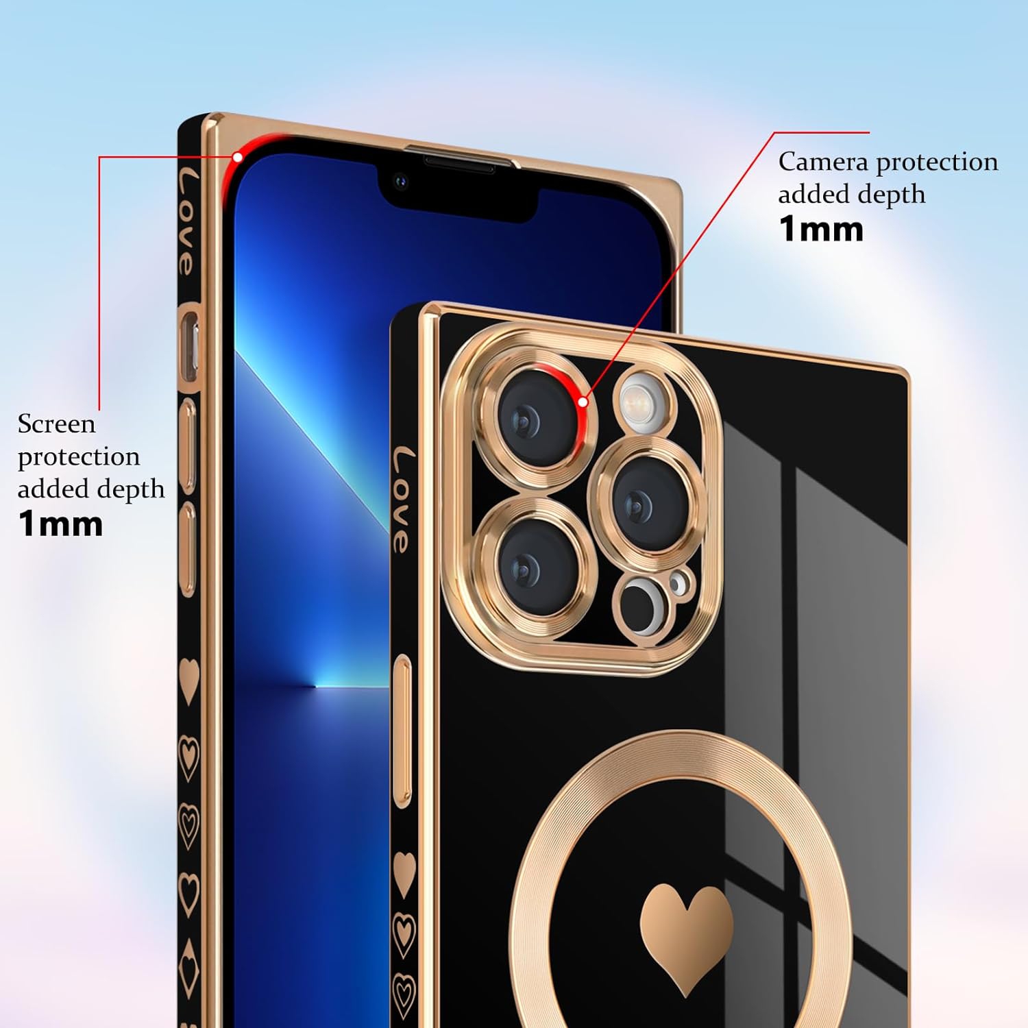 for iPhone 13 Pro Max Magnetic Case, Luxury Cute Love Heart Plating Edge Square Case for Women Girls Men Soft