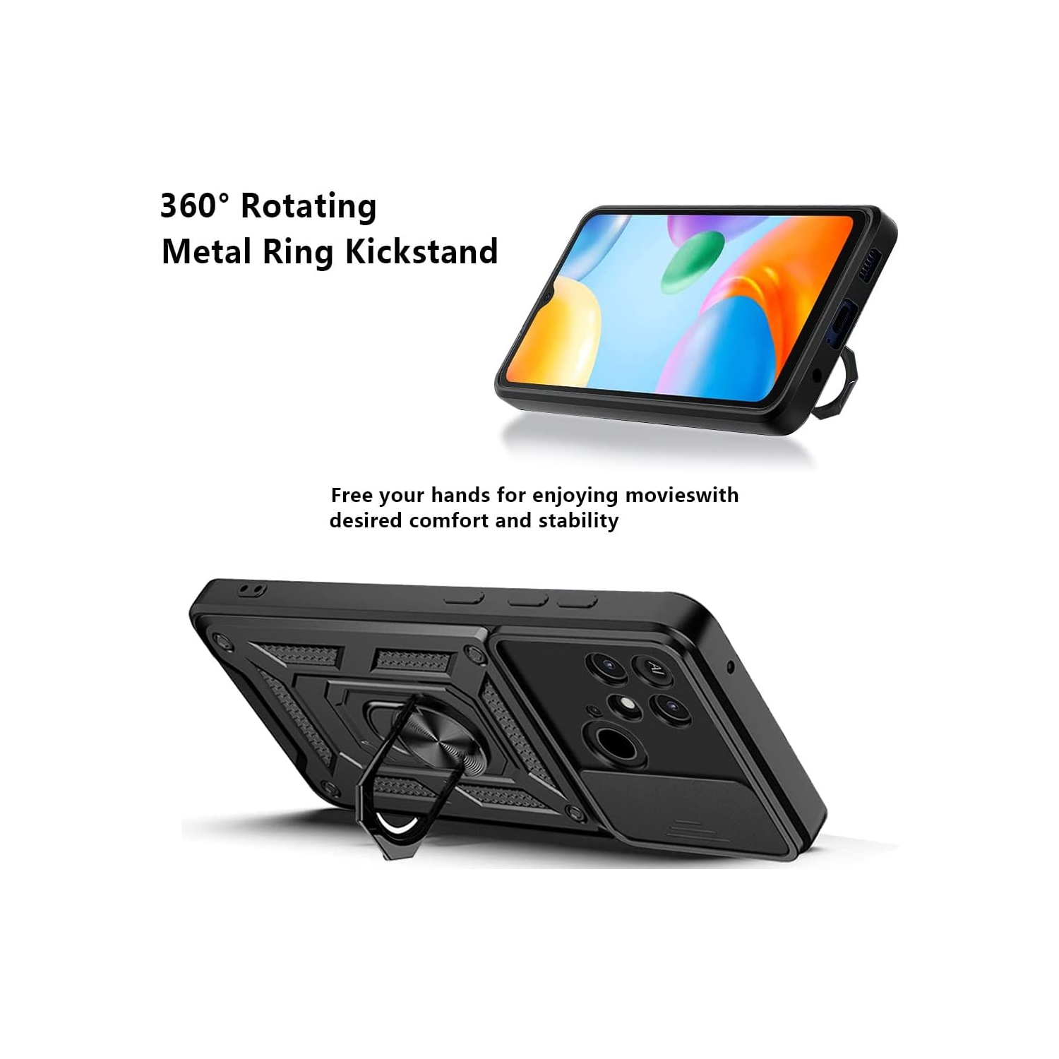 Sturdy Case for Xiaomi Redmi 10C with Slide Camera Window, Heavy Duty Military Grade Protection Phone Cover